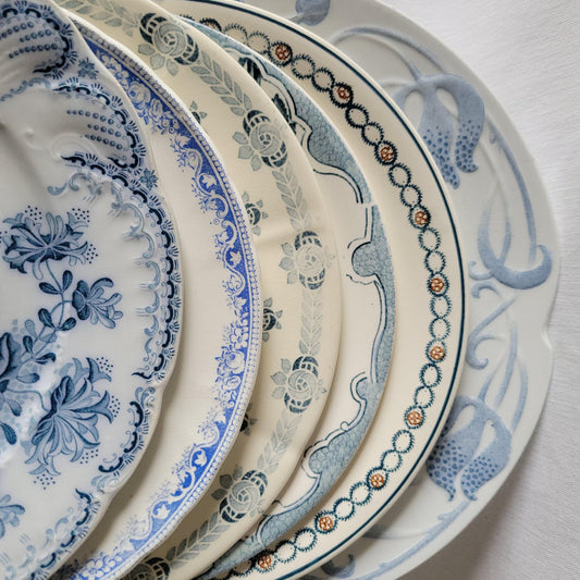 Set 6 mismatched antique dinner plates blue palette, farmhouse cottage decor France, from Salins, Sarreguemines c1900