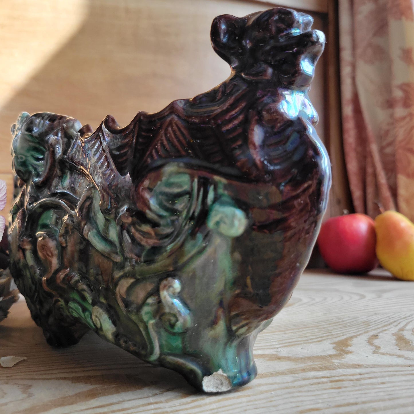 Majolica Jardinière with Brown and Green Glaze and Figural Decoration, France c.1900
