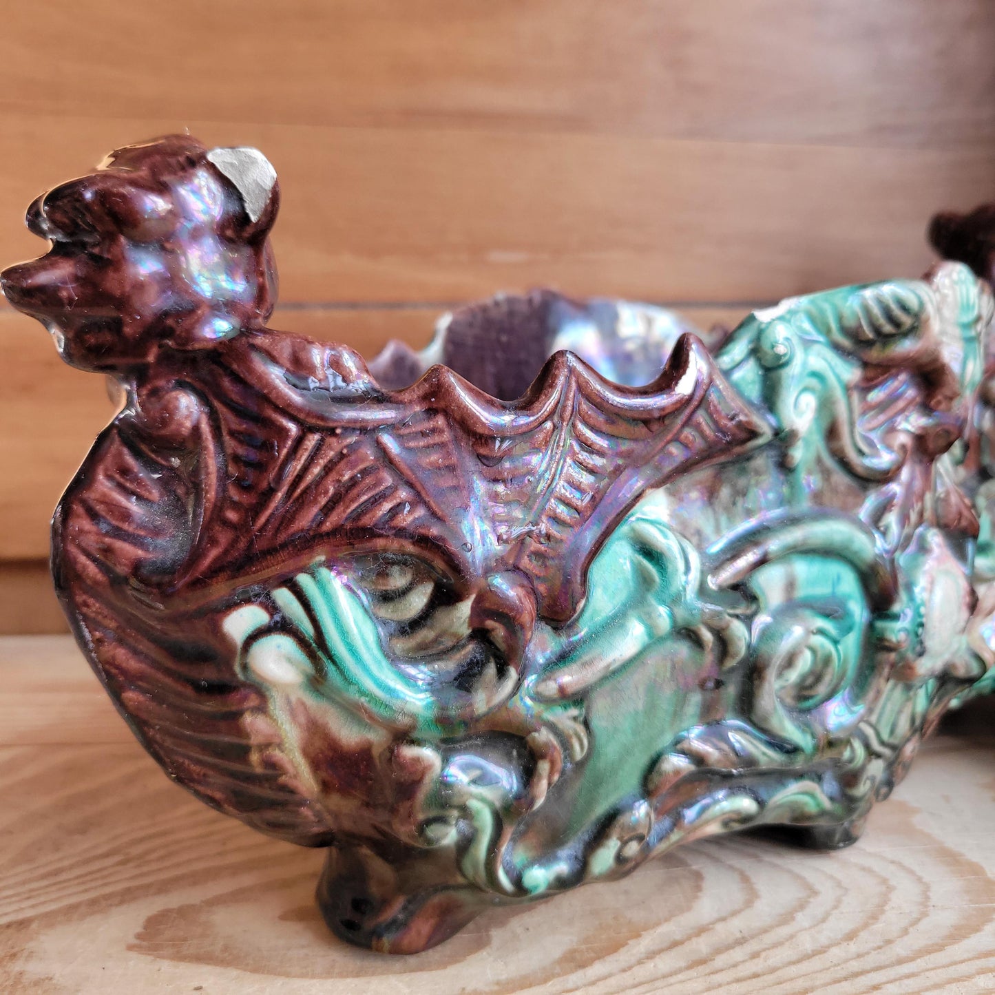 Majolica Jardinière with Brown and Green Glaze and Figural Decoration, France c.1900