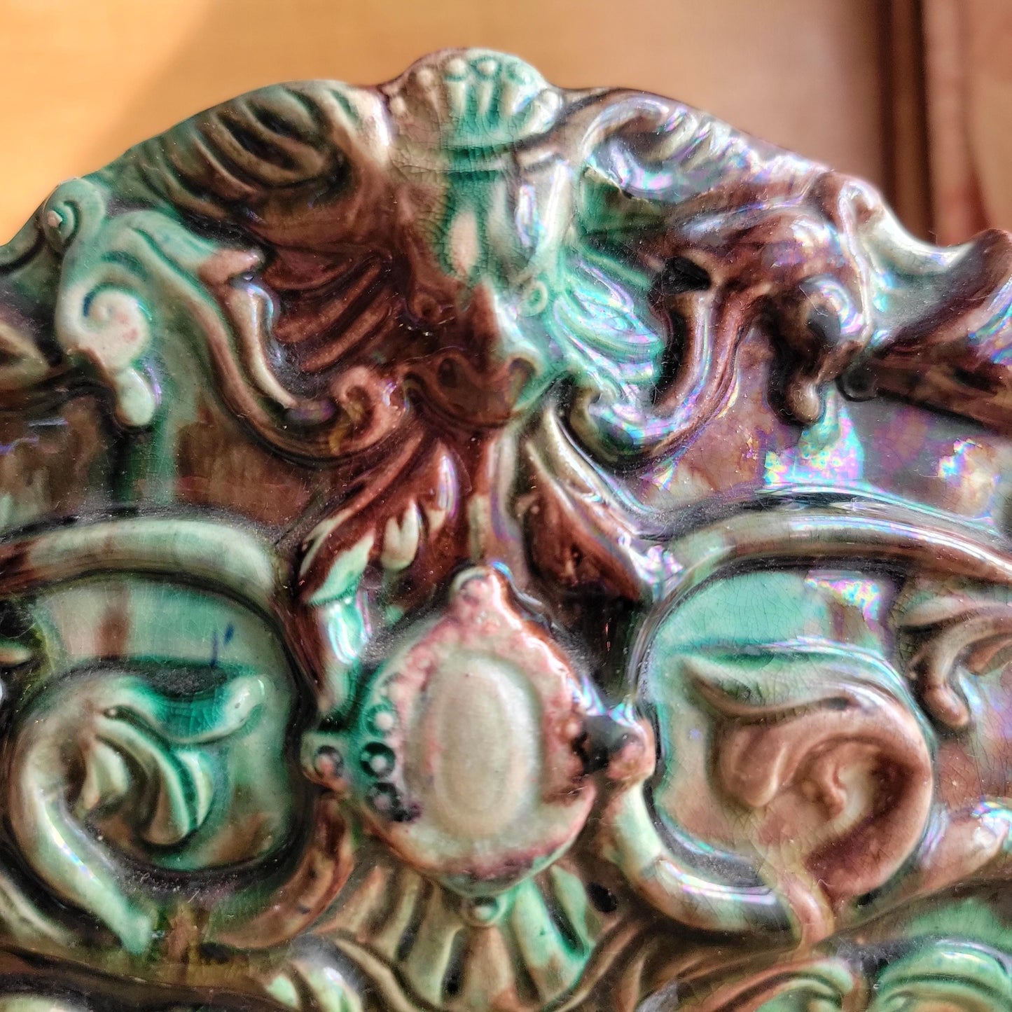 Majolica Jardinière with Brown and Green Glaze and Figural Decoration, France c.1900