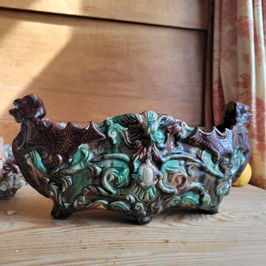 Majolica Jardinière with Brown and Green Glaze and Figural Decoration, France c.1900