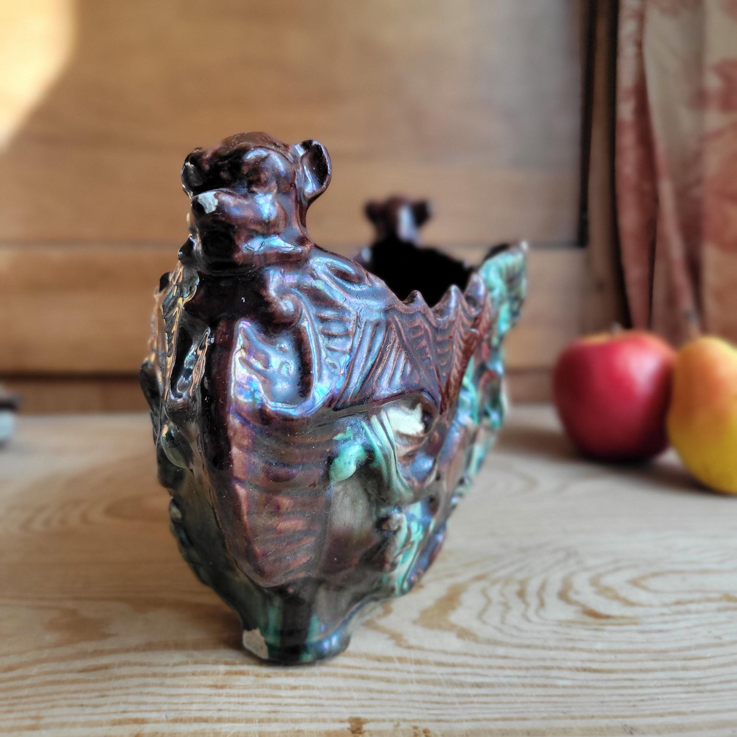 Majolica Jardinière with Brown and Green Glaze and Figural Decoration, France c.1900