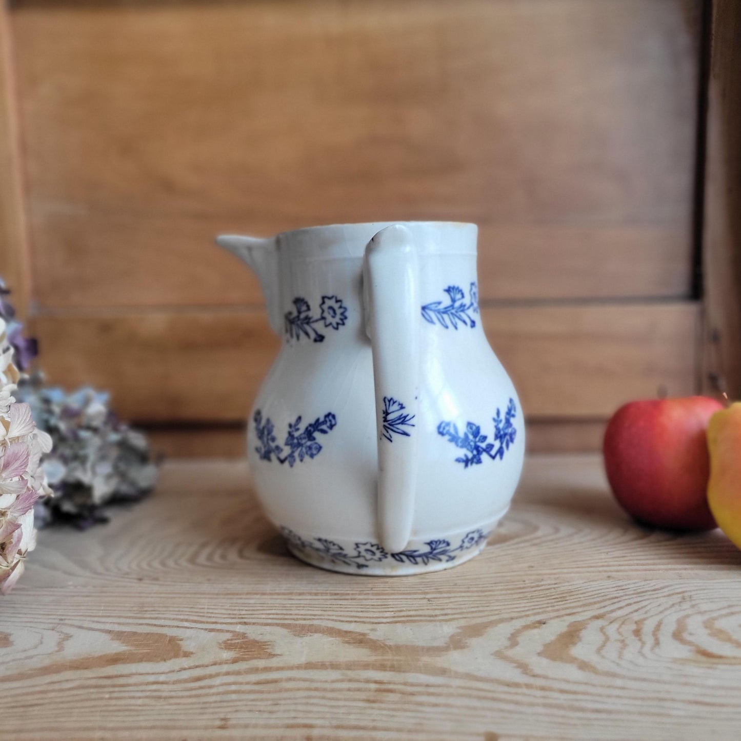 Antique St Uze Pitcher with Offset Handle, Dark Blue Floral Decoration, France c.1900