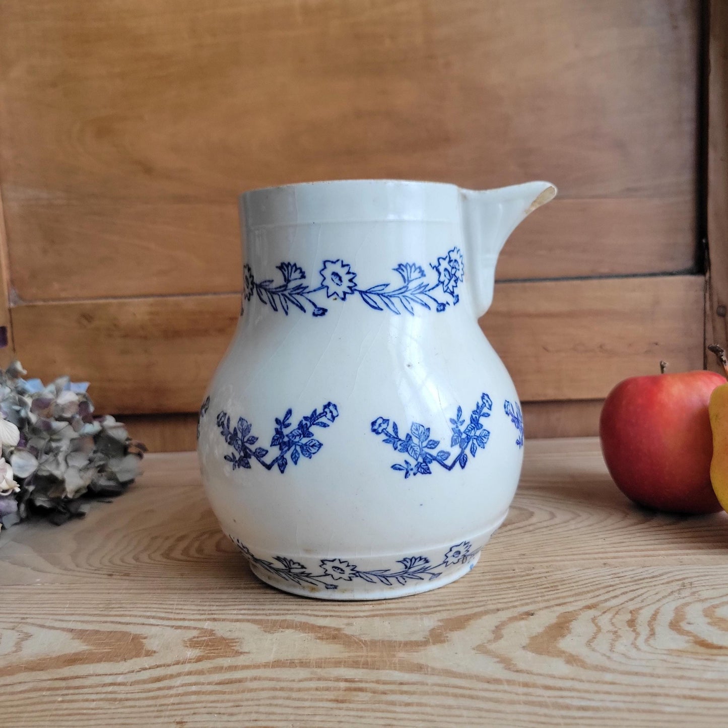 Antique St Uze Pitcher with Offset Handle, Dark Blue Floral Decoration, France c.1900