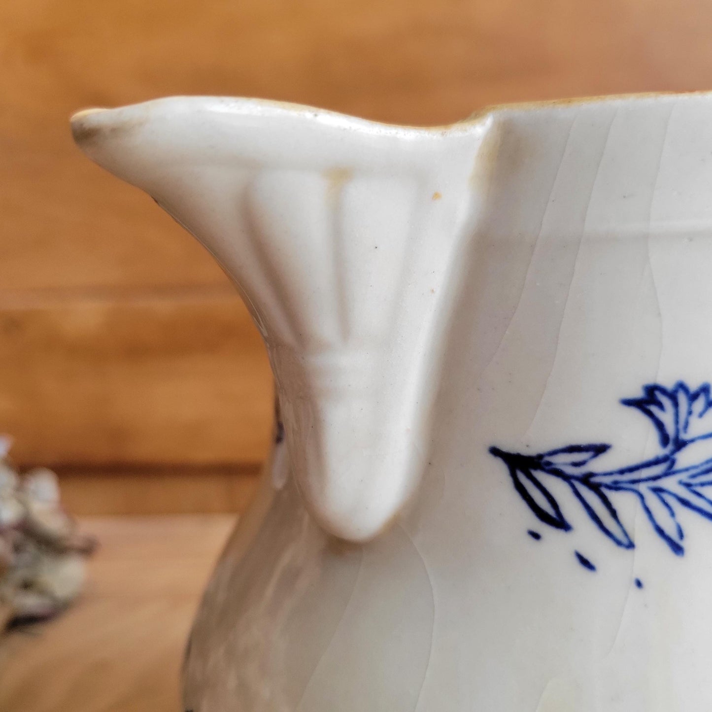 Antique St Uze Pitcher with Offset Handle, Dark Blue Floral Decoration, France c.1900