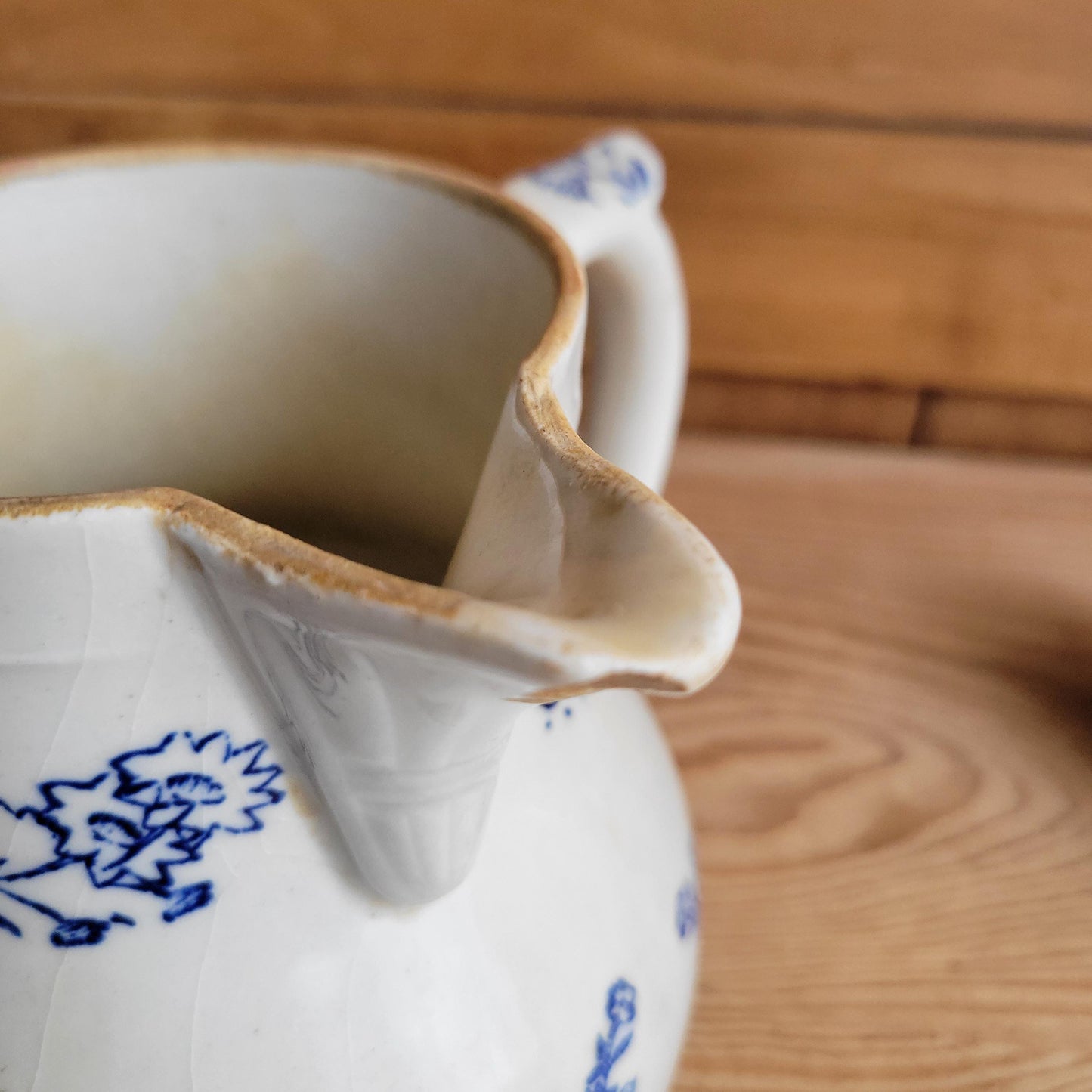 Antique St Uze Pitcher with Offset Handle, Dark Blue Floral Decoration, France c.1900