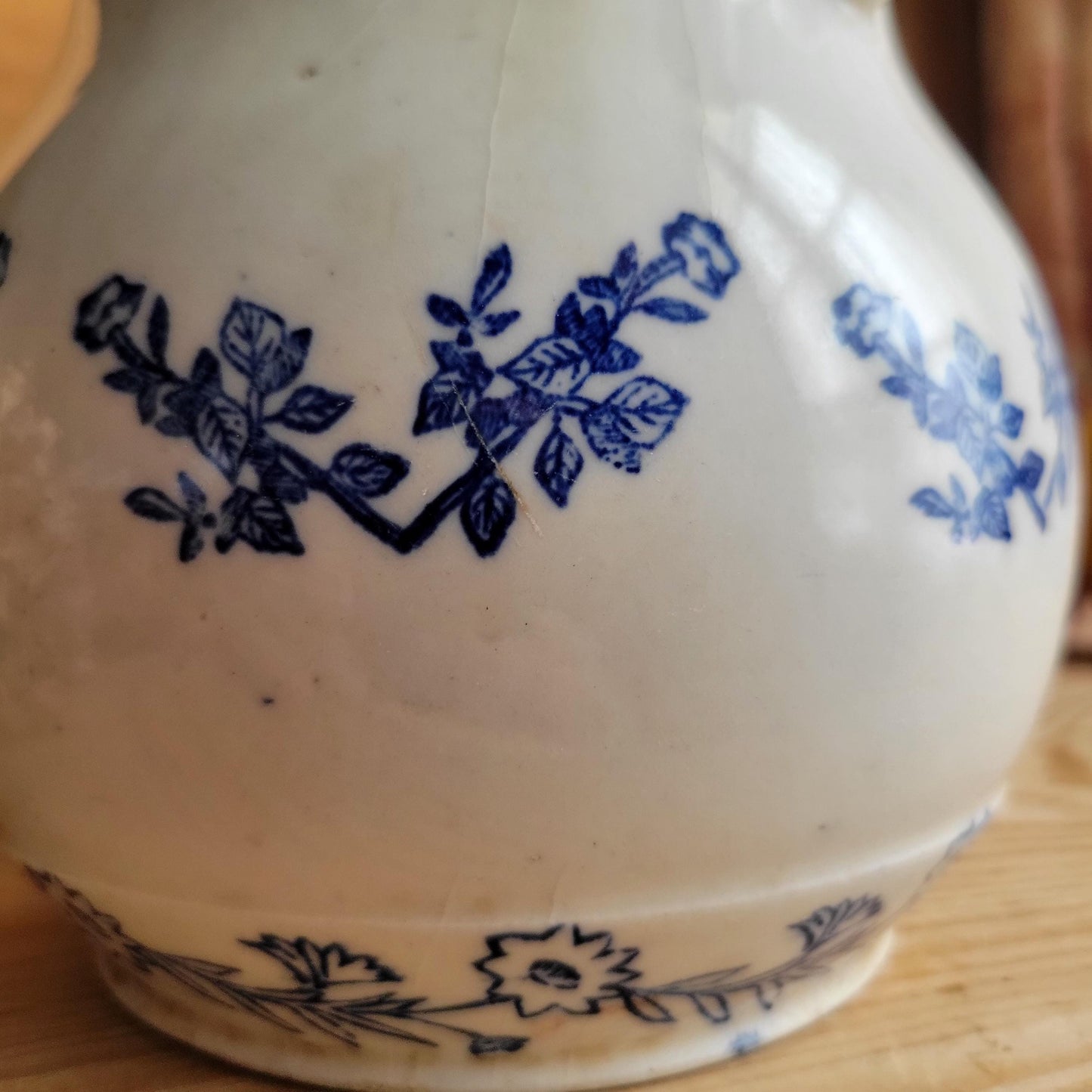 Antique St Uze Pitcher with Offset Handle, Dark Blue Floral Decoration, France c.1900