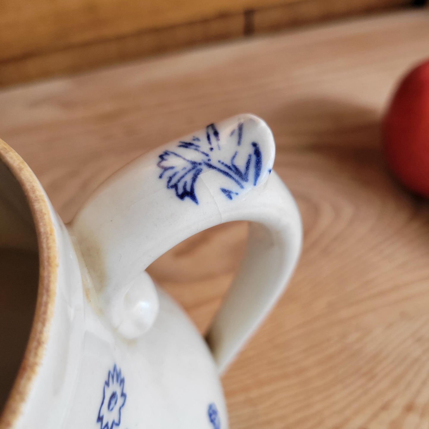 Antique St Uze Pitcher with Offset Handle, Dark Blue Floral Decoration, France c.1900