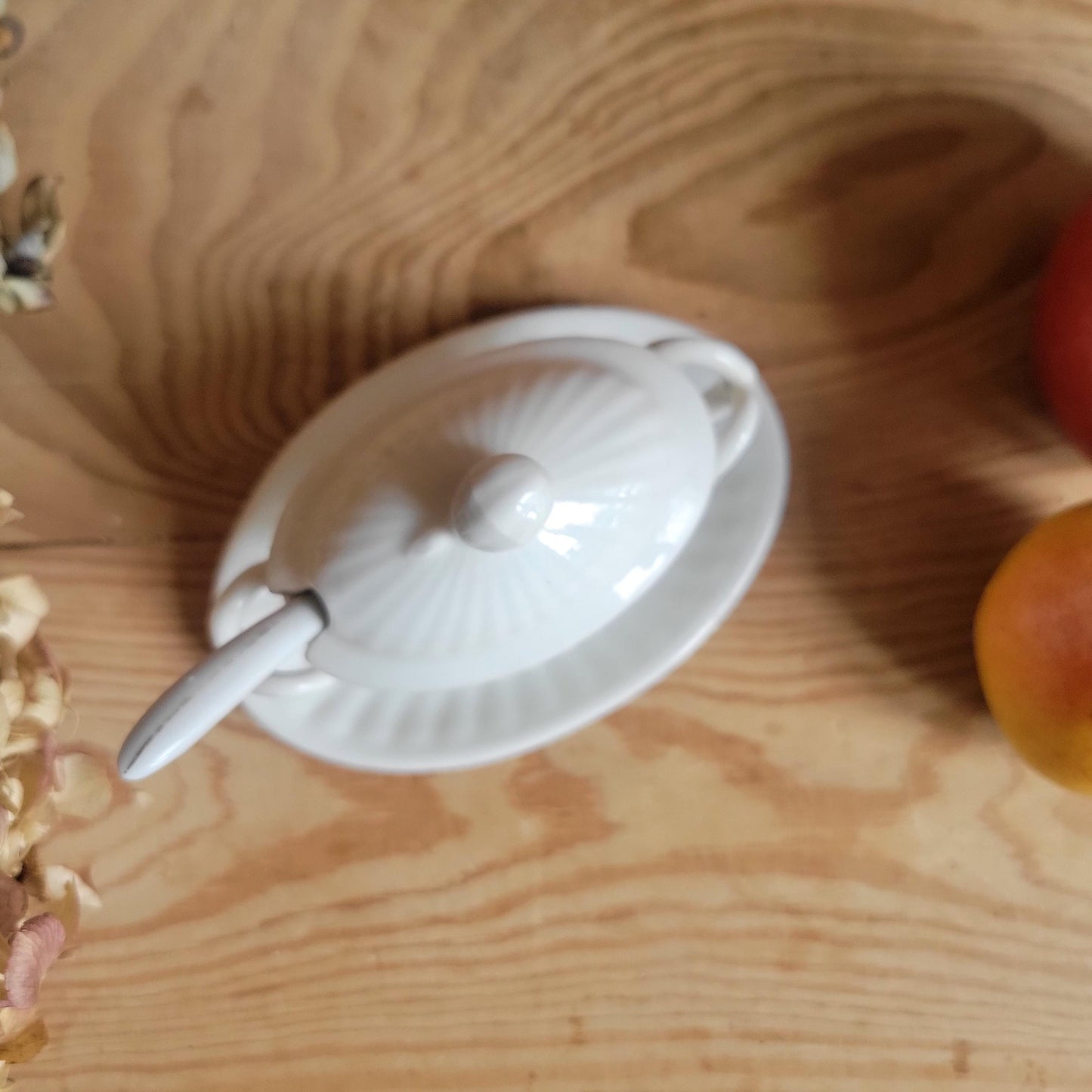 Small Porcelain Moutardier with Spoon, Fluted Design, France c.1920