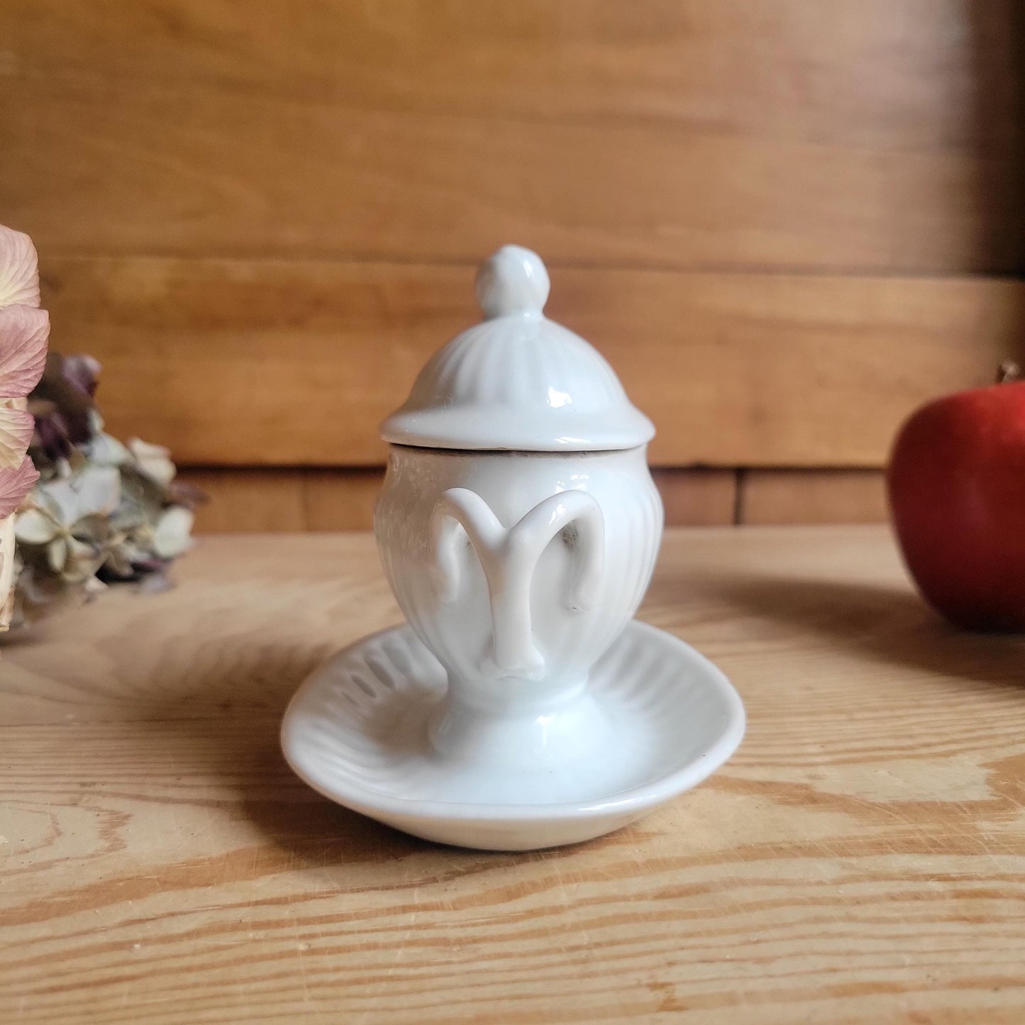 Small Porcelain Moutardier with Spoon, Fluted Design, France c.1920