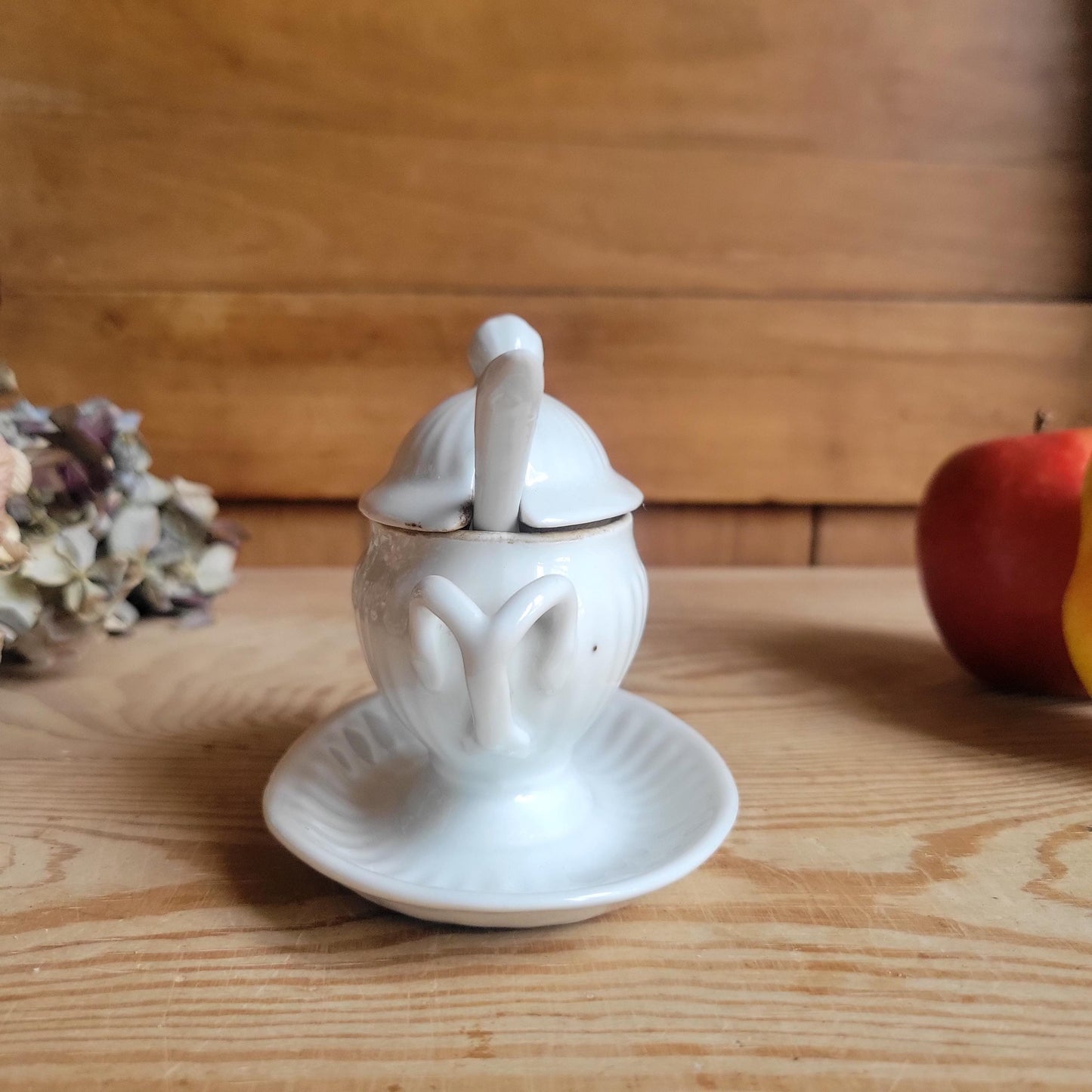 Small Porcelain Moutardier with Spoon, Fluted Design, France c.1920