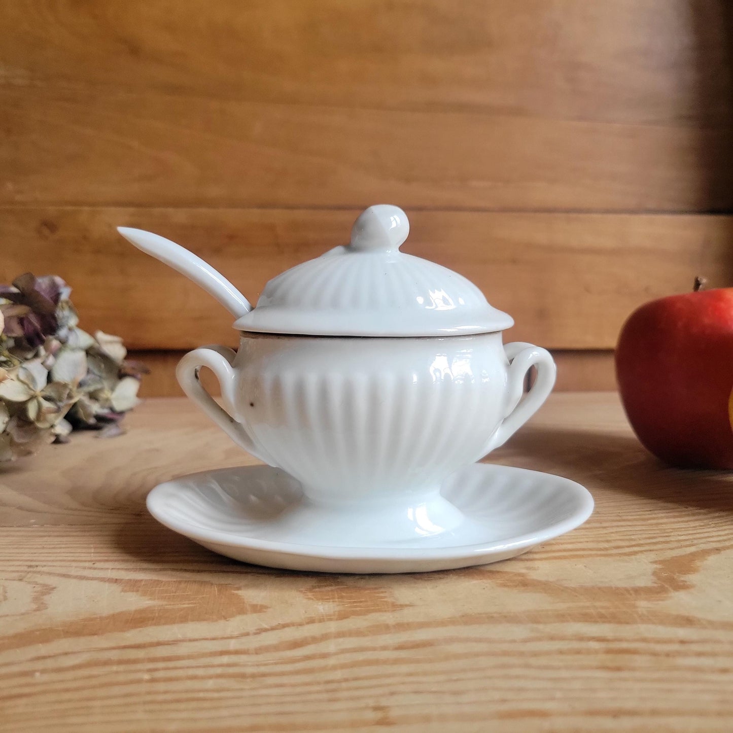Small Porcelain Moutardier with Spoon, Fluted Design, France c.1920