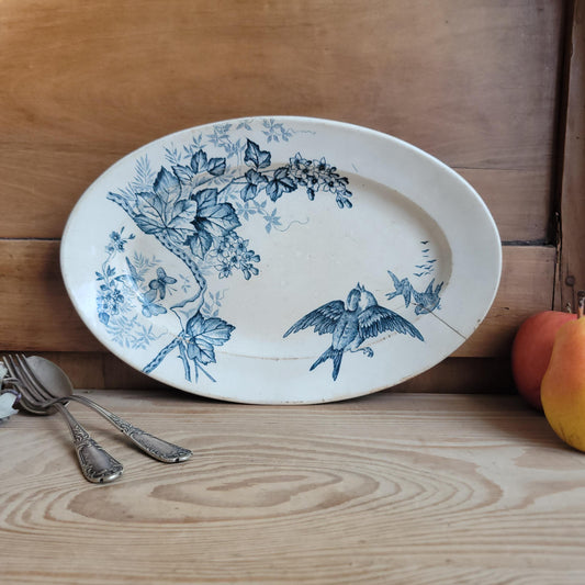 French Antique Sarreguemines ‘Oiseaux’ Oval Platter in Teal Blue Transferware, France 1880-1900