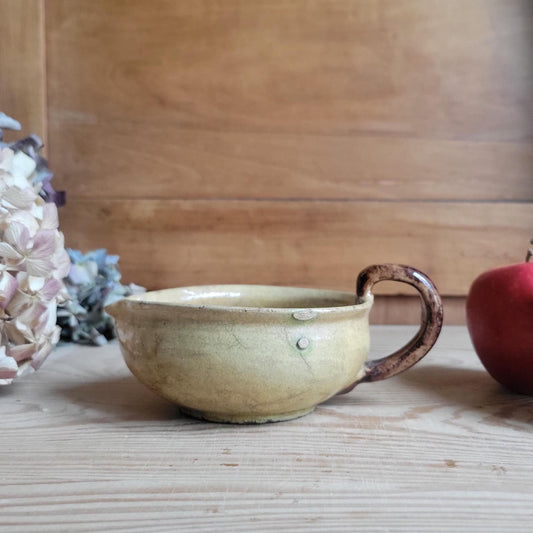 French vintage eartheware leaf-Shaped Pitcher in Pale Yellow with Brown Handle, Correze France c 1920-1940