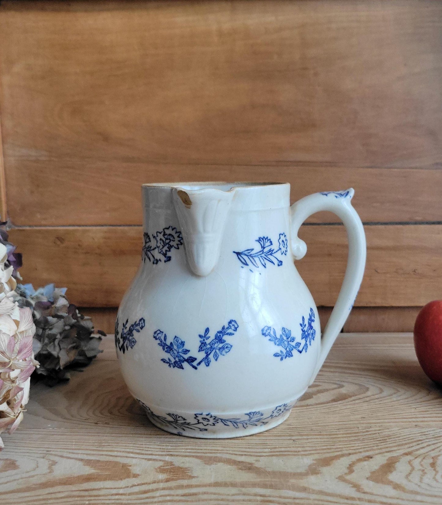 Antique St Uze Pitcher with Offset Handle, Dark Blue Floral Decoration, France c.1900