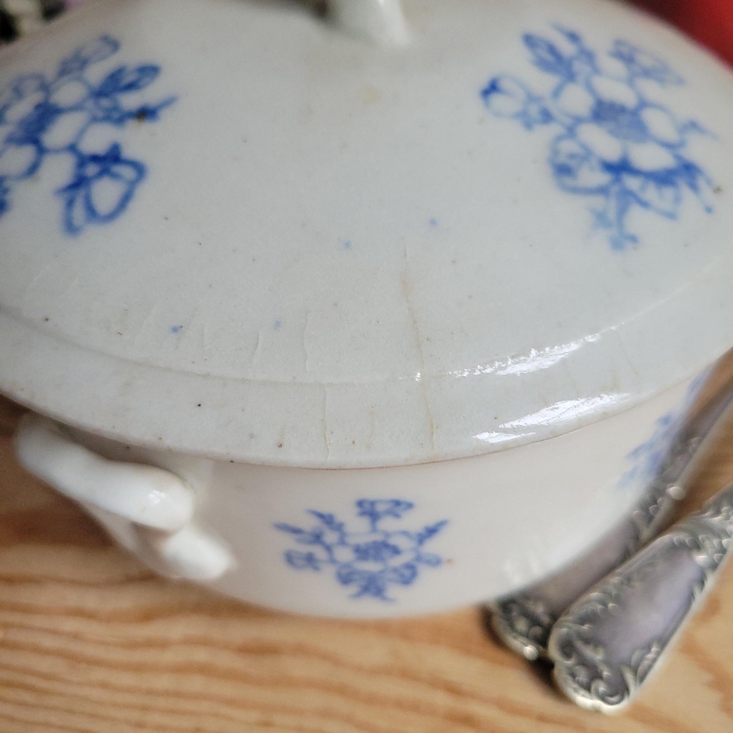 Small St Uze Soupière square form loop handles with Lid, Light Blue Floral Decoration, France c.1910