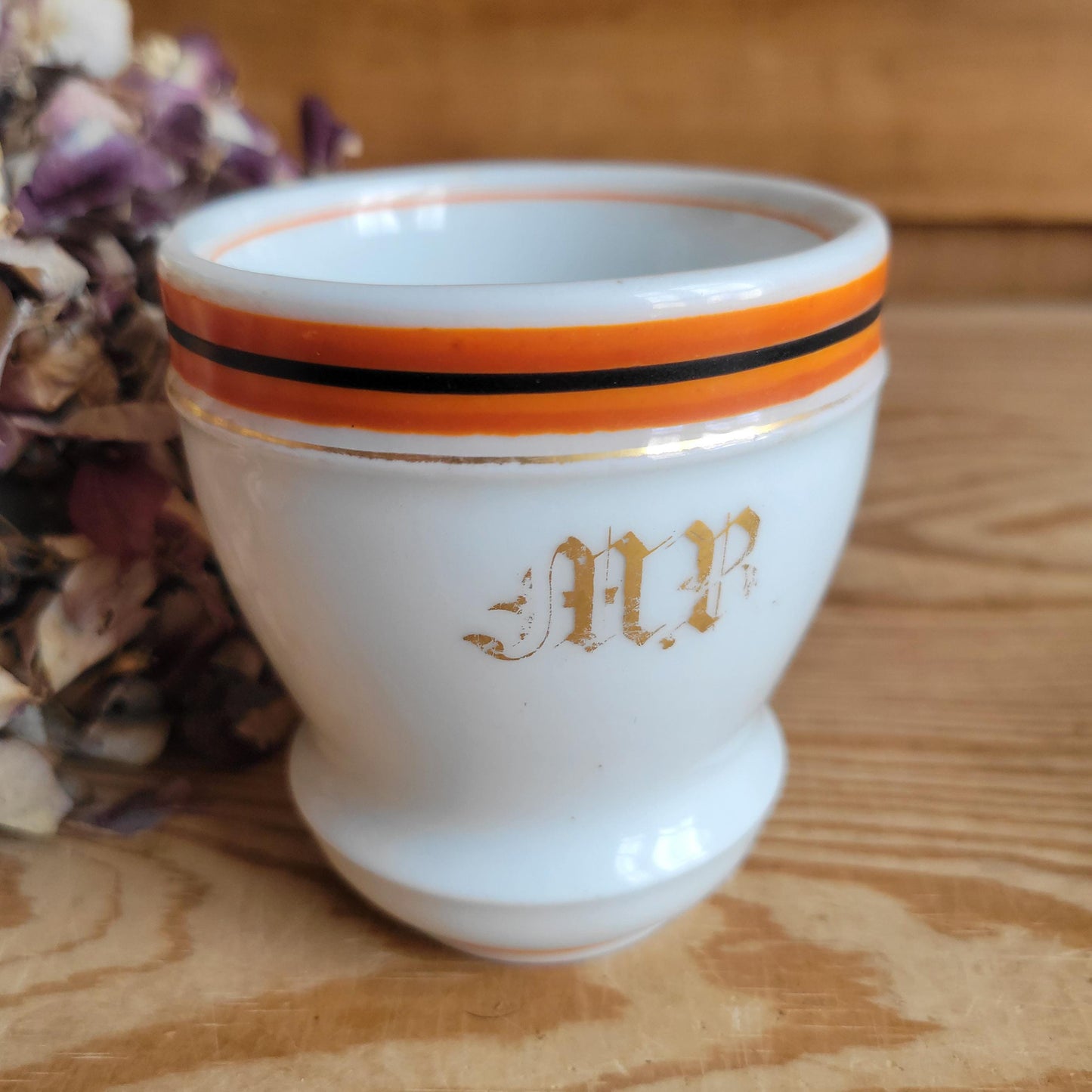 Pair of Antique French Bistro Cups in Paris porcelain, Monogram ‘MR’ or ‘MP’ w orange band decoration