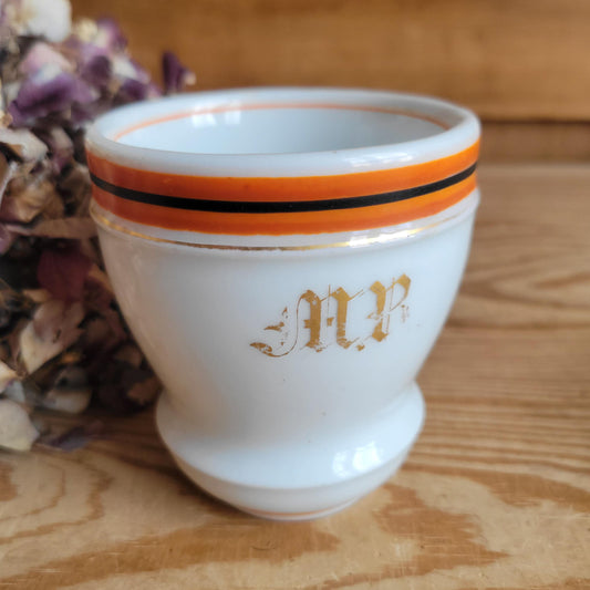 Pair of Antique French Bistro Cups in Paris porcelain, Monogram ‘MR’ or ‘MP’ w orange band decoration