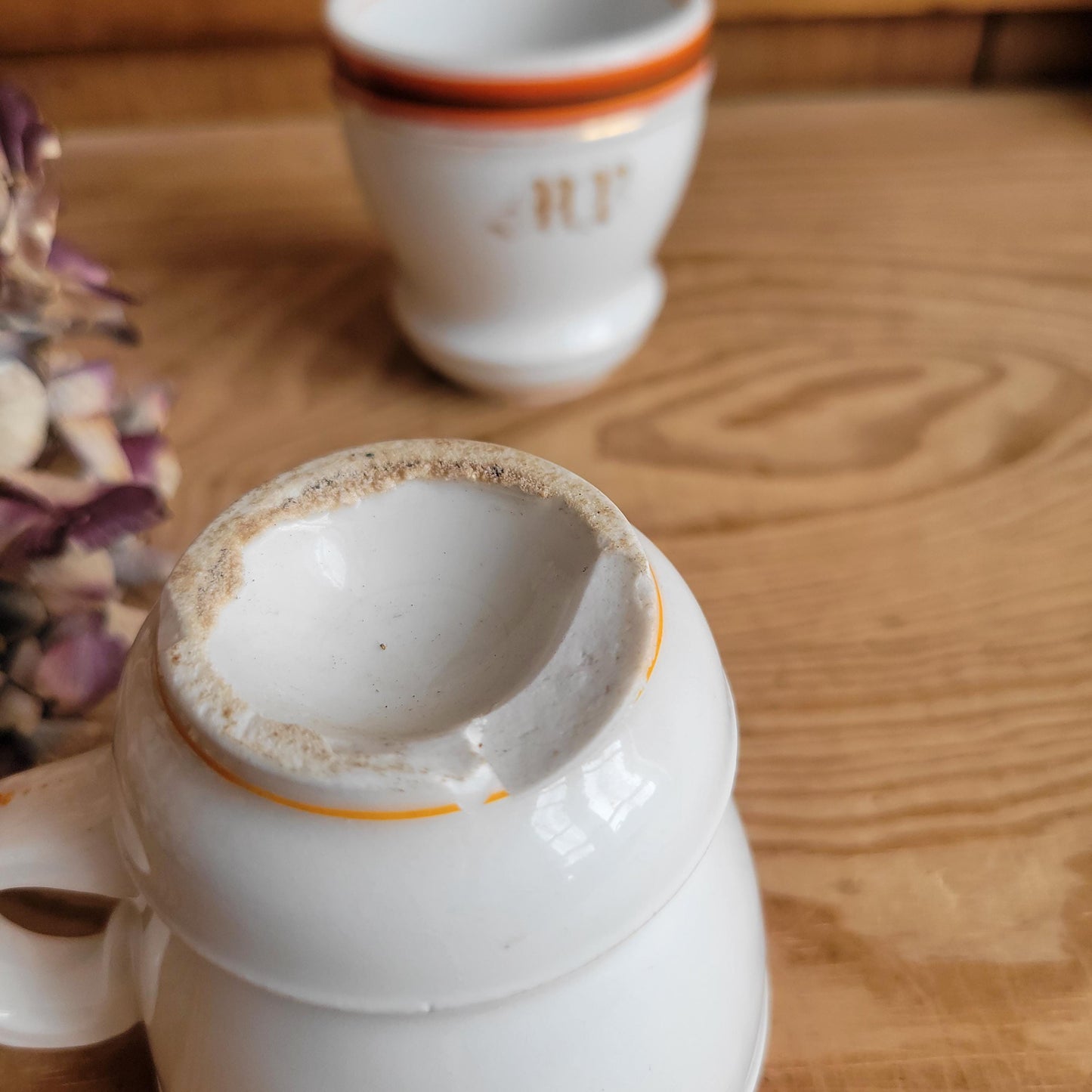 Pair of Antique French Bistro Cups in Paris porcelain, Monogram ‘MR’ or ‘MP’ w orange band decoration