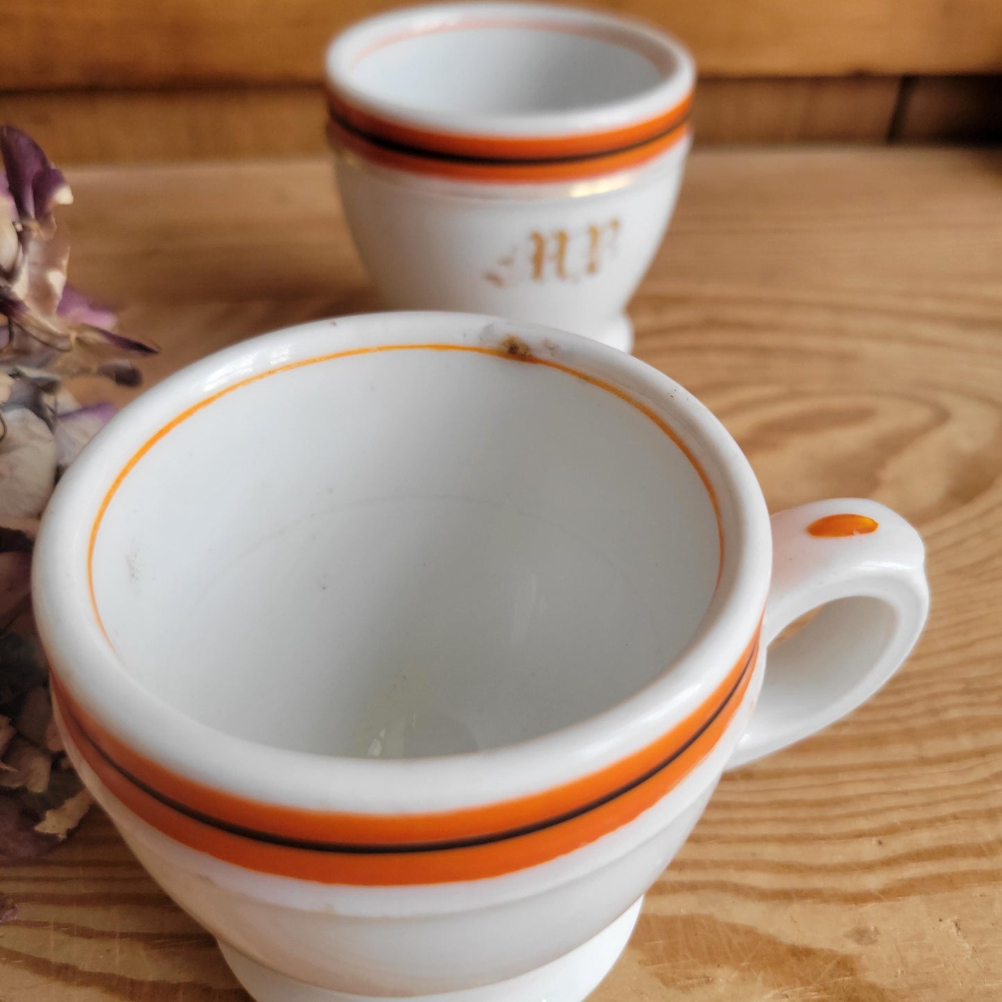Pair of Antique French Bistro Cups in Paris porcelain, Monogram ‘MR’ or ‘MP’ w orange band decoration