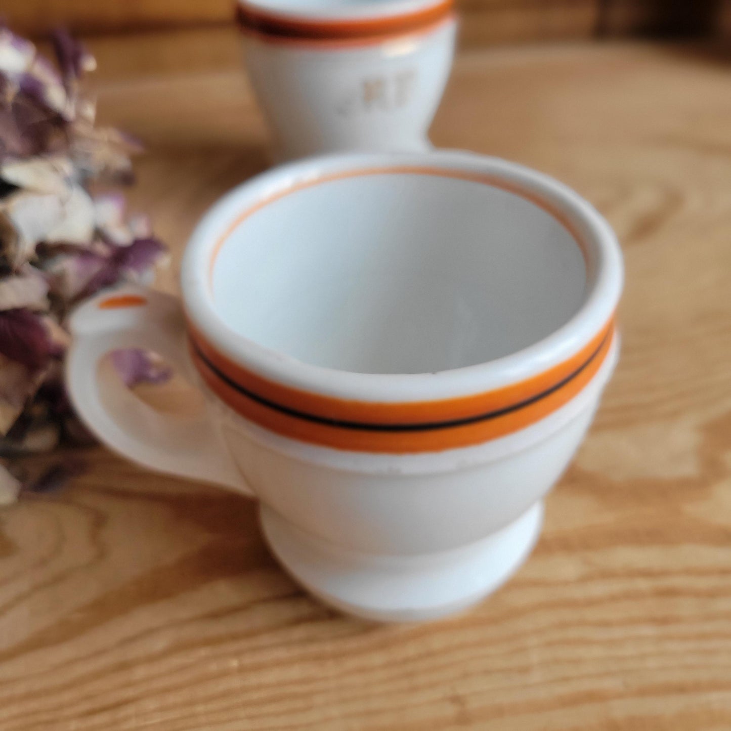 Pair of Antique French Bistro Cups in Paris porcelain, Monogram ‘MR’ or ‘MP’ w orange band decoration