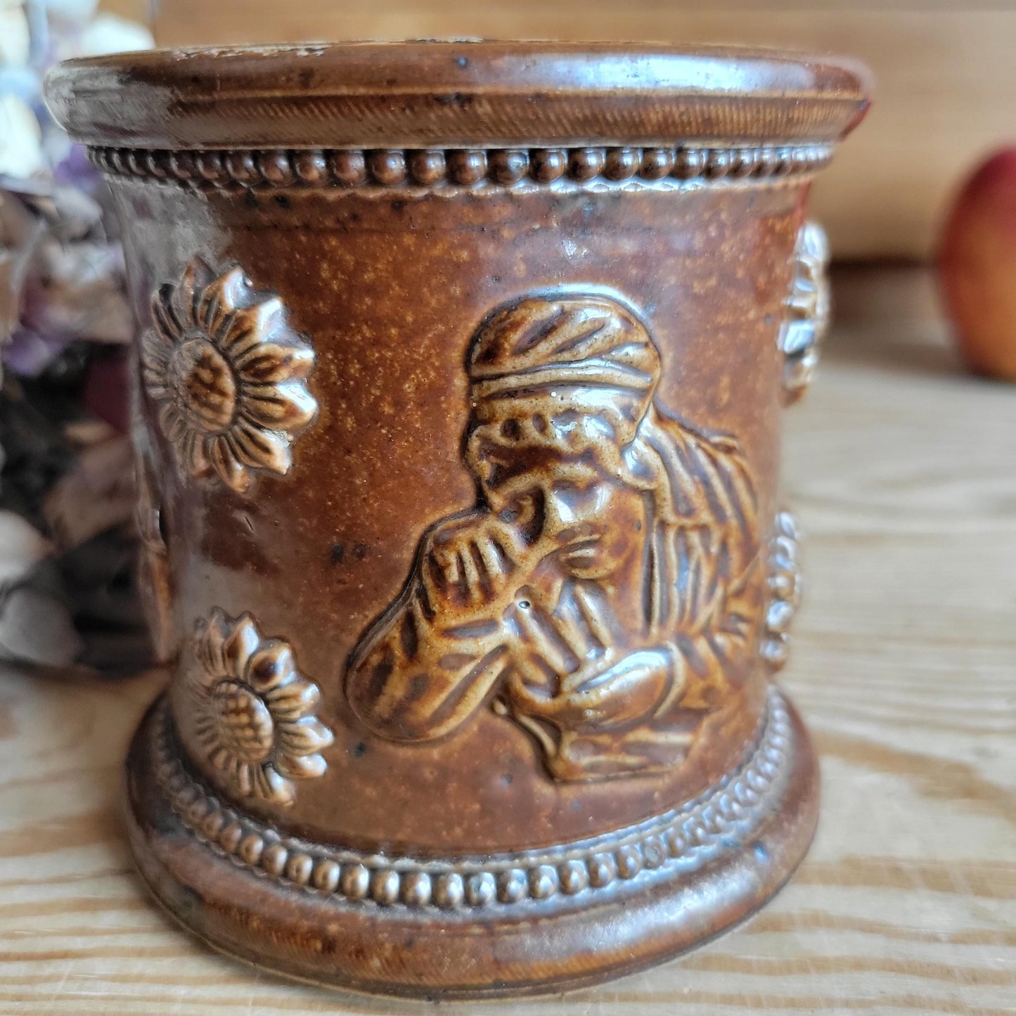 Salt-Glazed ‘Tabac’ (tobacco) Pot with Snuff-Taking Figure, France c.1921