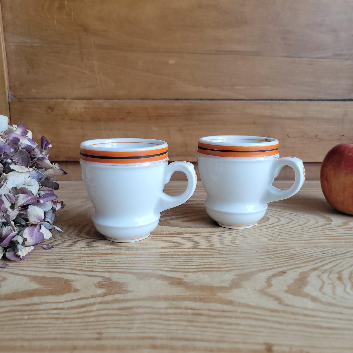 Pair of Antique French Bistro Cups in Paris porcelain, Monogram ‘MR’ or ‘MP’ w orange band decoration