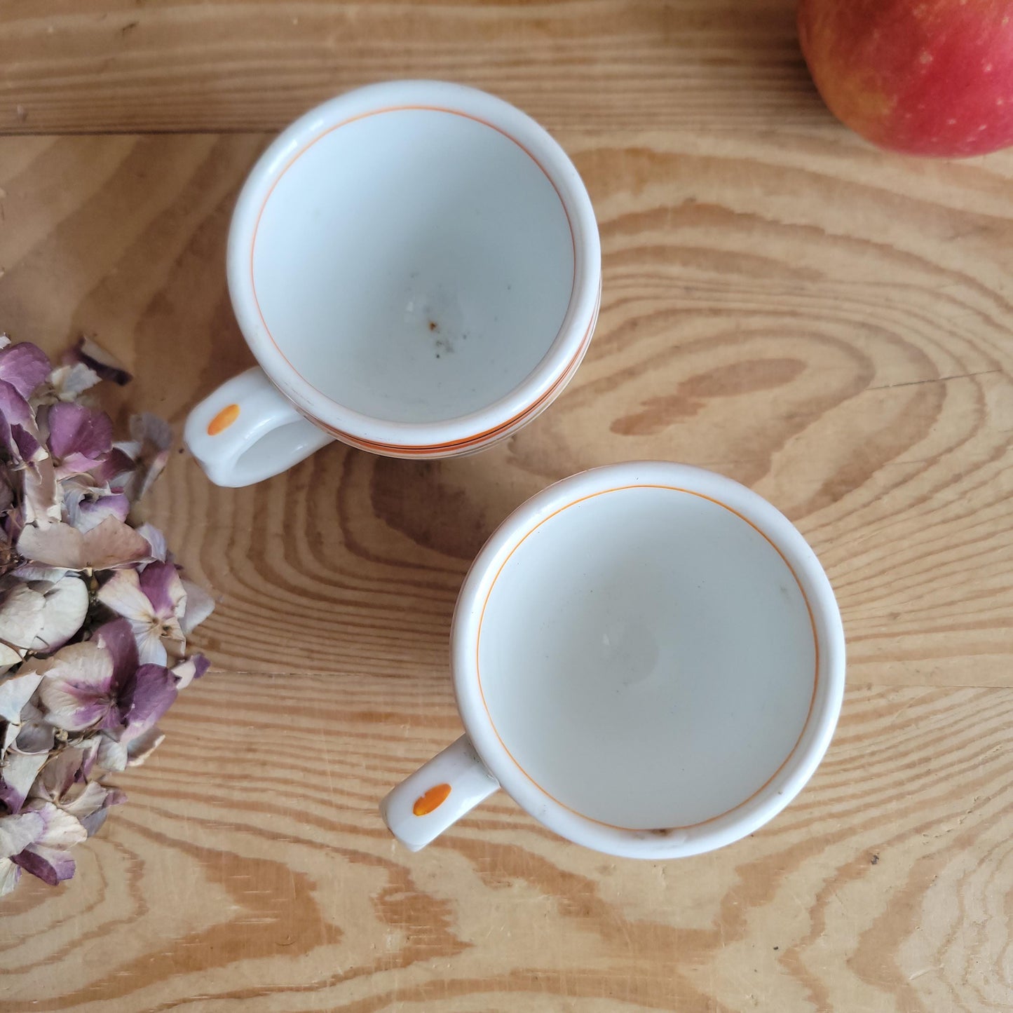 Pair of Antique French Bistro Cups in Paris porcelain, Monogram ‘MR’ or ‘MP’ w orange band decoration