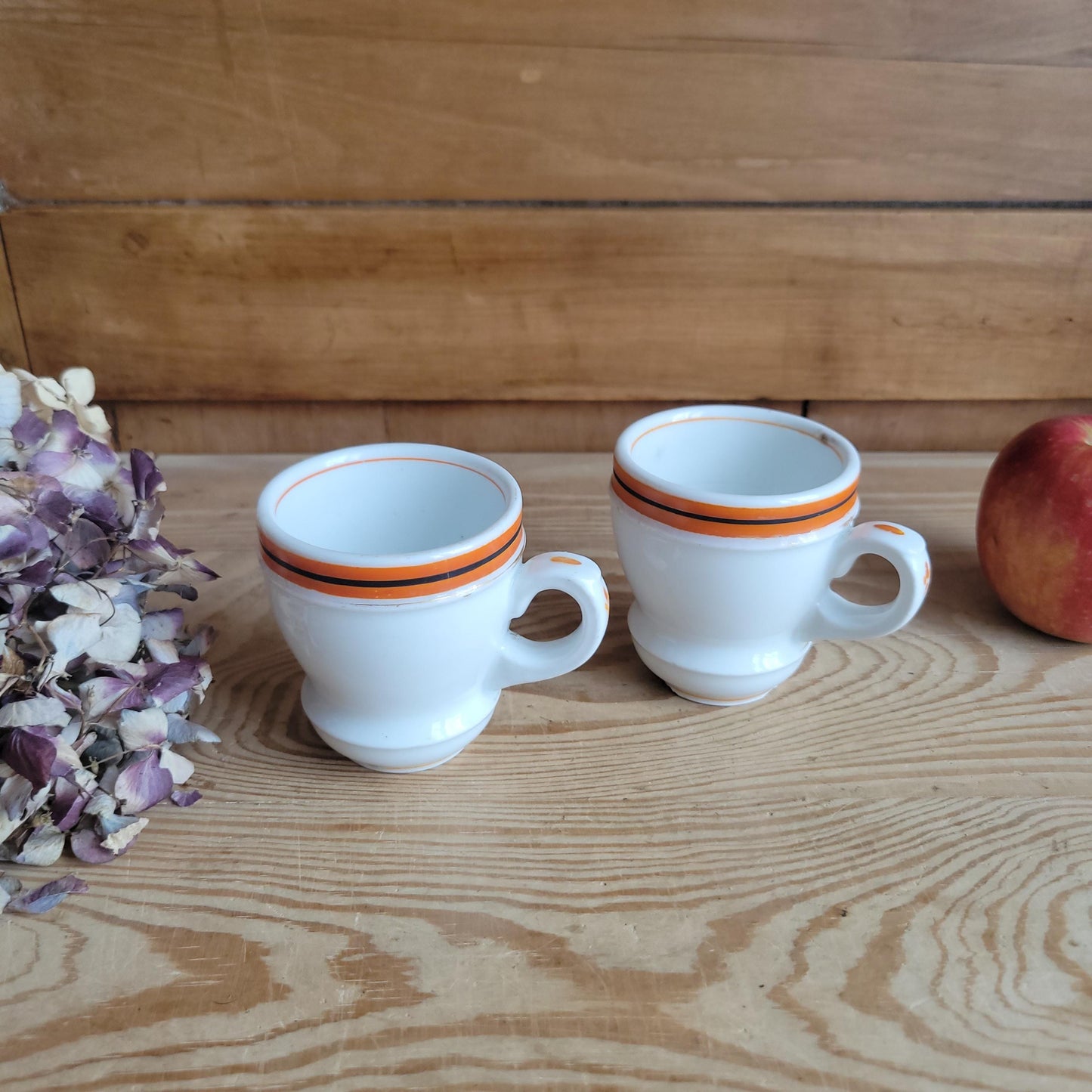 Pair of Antique French Bistro Cups in Paris porcelain, Monogram ‘MR’ or ‘MP’ w orange band decoration