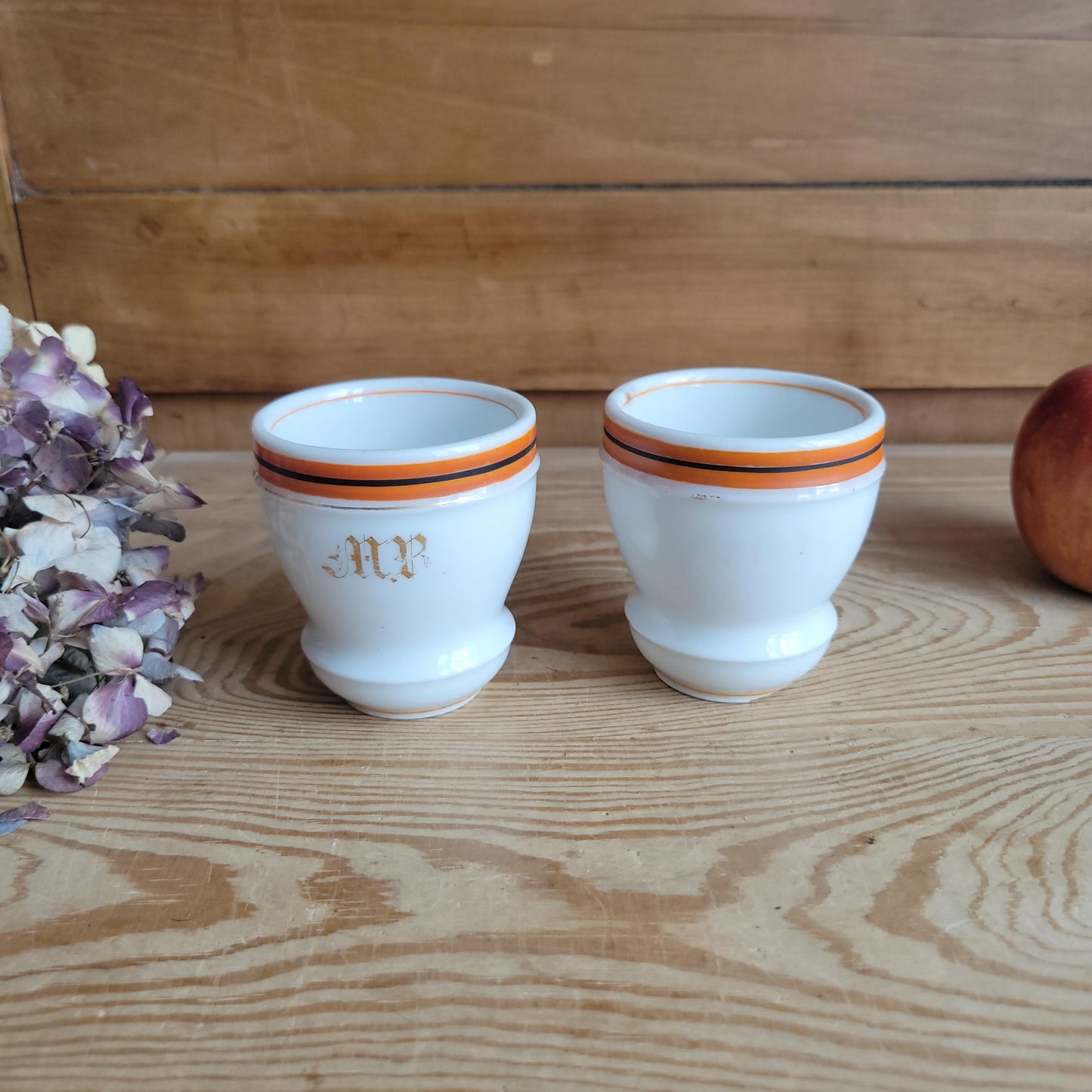 Pair of Antique French Bistro Cups in Paris porcelain, Monogram ‘MR’ or ‘MP’ w orange band decoration