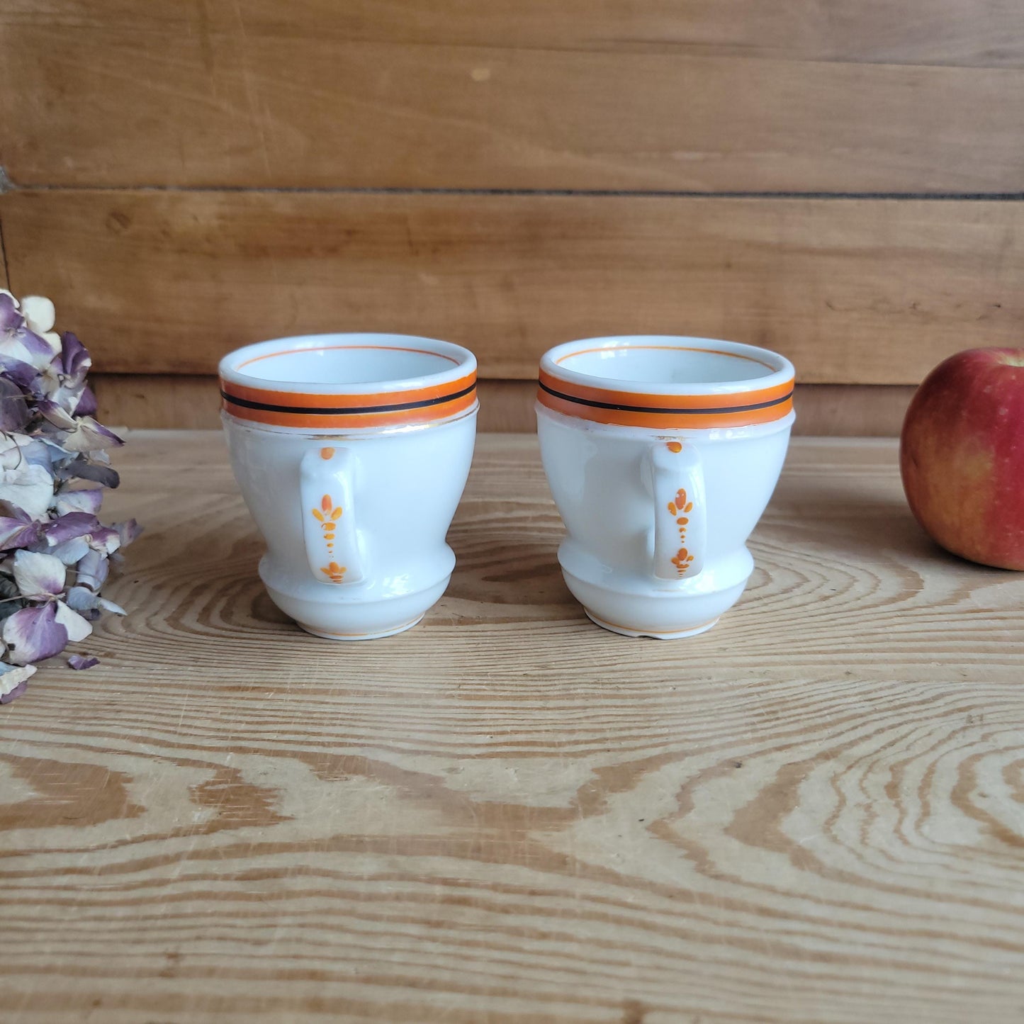Pair of Antique French Bistro Cups in Paris porcelain, Monogram ‘MR’ or ‘MP’ w orange band decoration