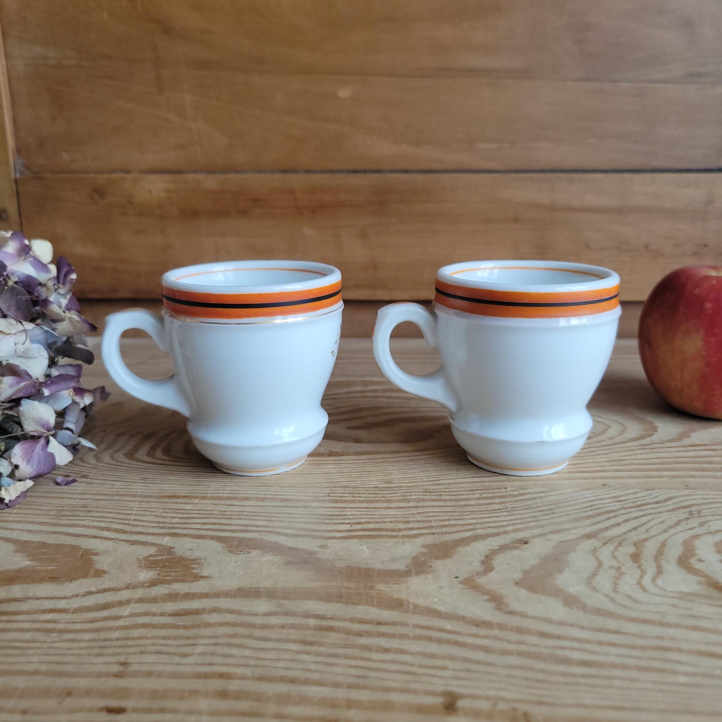 Pair of Antique French Bistro Cups in Paris porcelain, Monogram ‘MR’ or ‘MP’ w orange band decoration