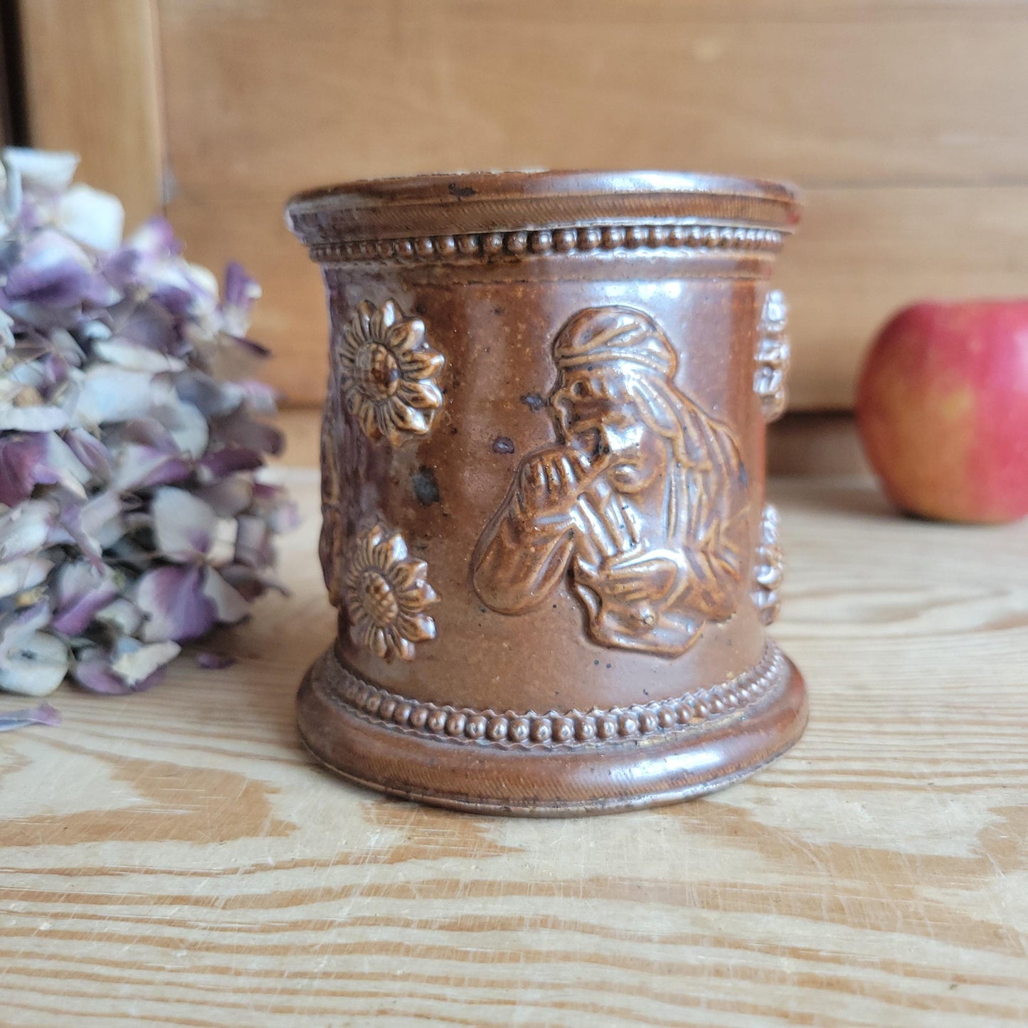 Salt-Glazed ‘Tabac’ (tobacco) Pot with Snuff-Taking Figure, France c.1921