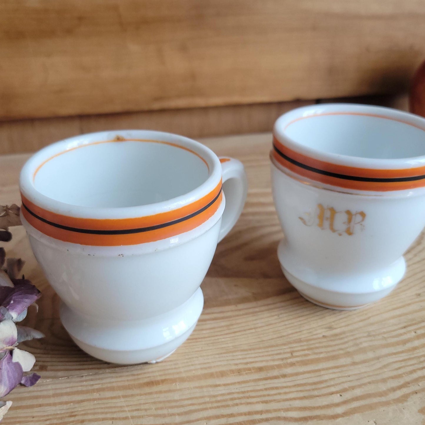 Pair of Antique French Bistro Cups in Paris porcelain, Monogram ‘MR’ or ‘MP’ w orange band decoration