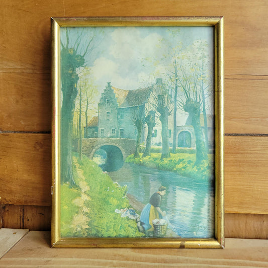 Small Framed Vintage French Watercolor Print, Village & Washerwoman scene, c. 1950