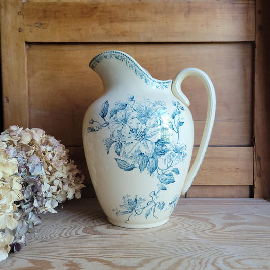 Large Antique Petrol Blue Floral Transferware Jug on a Cream Ground, France c.1900