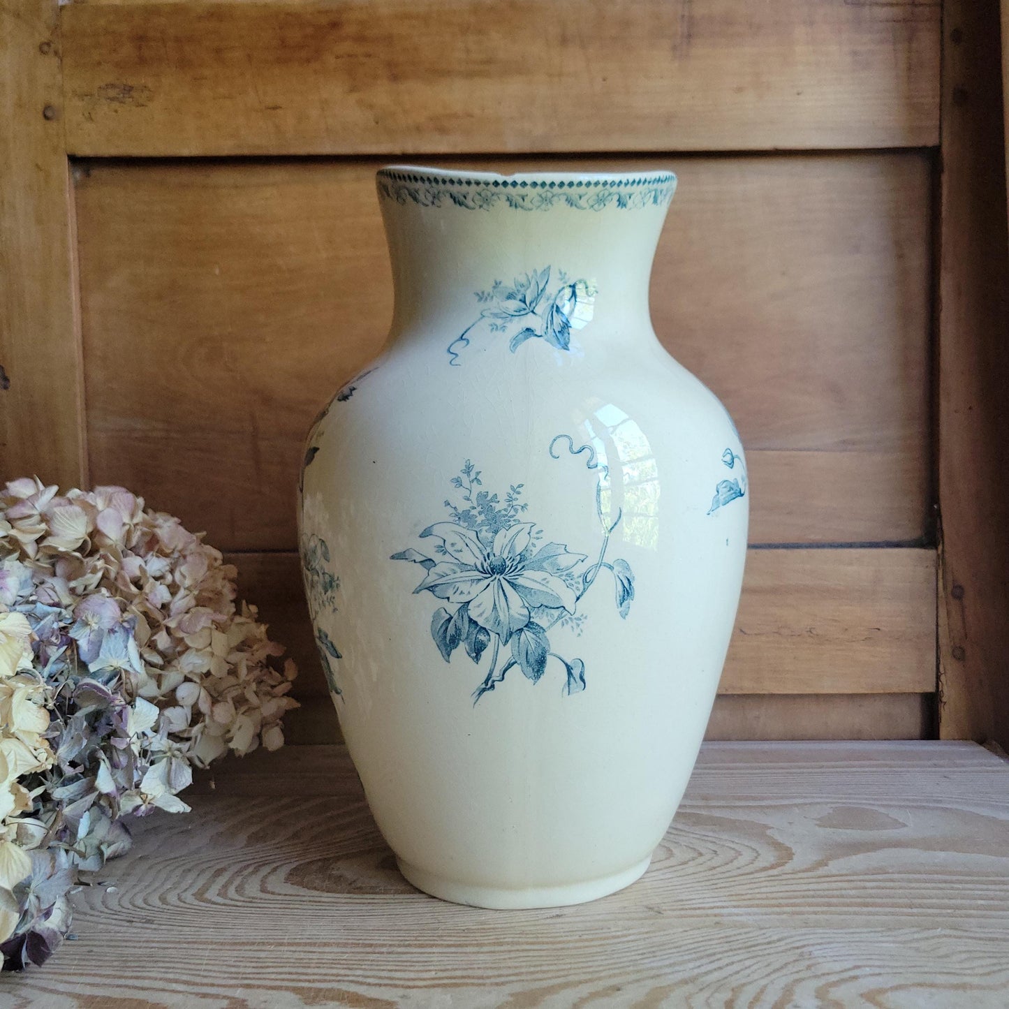 Large Antique Petrol Blue Floral Transferware Jug on a Cream Ground, France c.1900