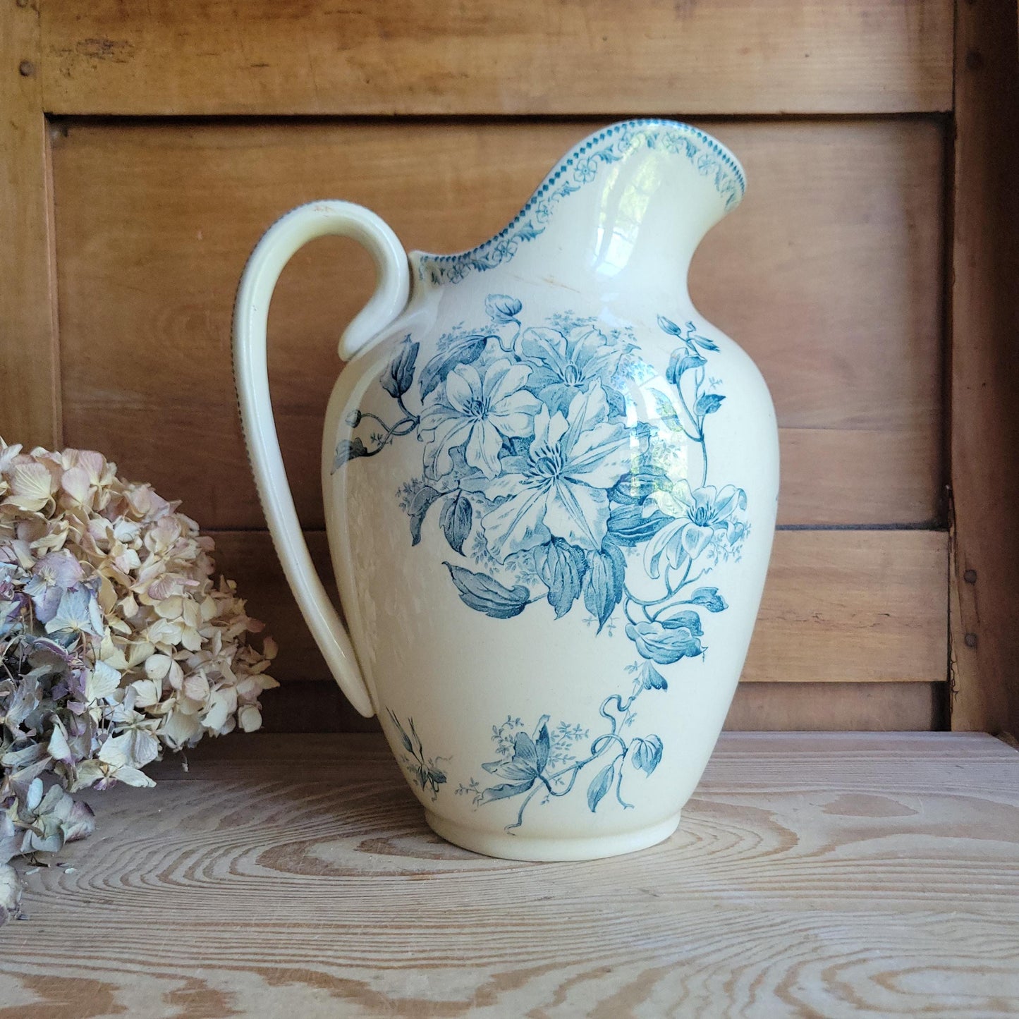 Large Antique Petrol Blue Floral Transferware Jug on a Cream Ground, France c.1900