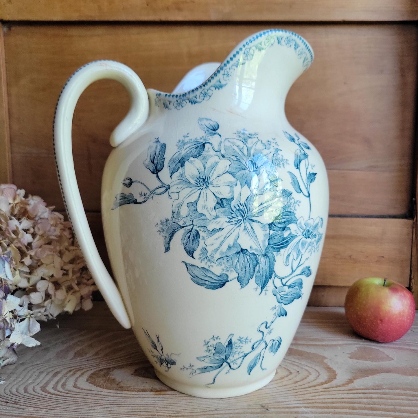 Large Antique Petrol Blue Floral Transferware Jug on a Cream Ground, France c.1900