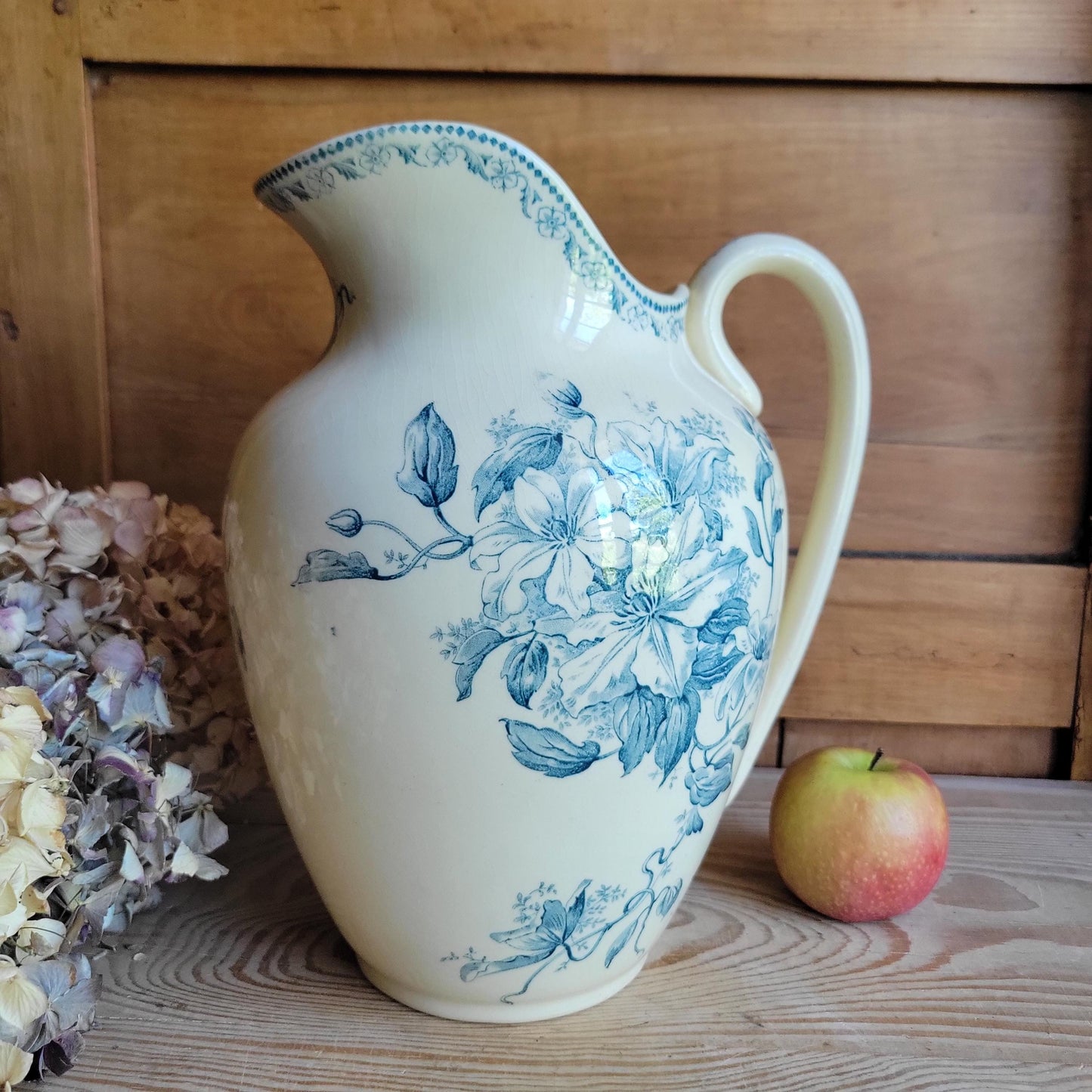 Large Antique Petrol Blue Floral Transferware Jug on a Cream Ground, France c.1900