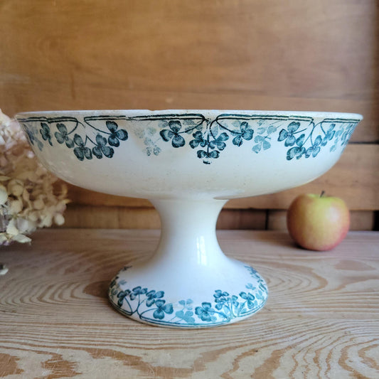 Antique Sarreguemines Compotier in Petrol Blue Transferware, 'Vichy' Pattern, France c.1890