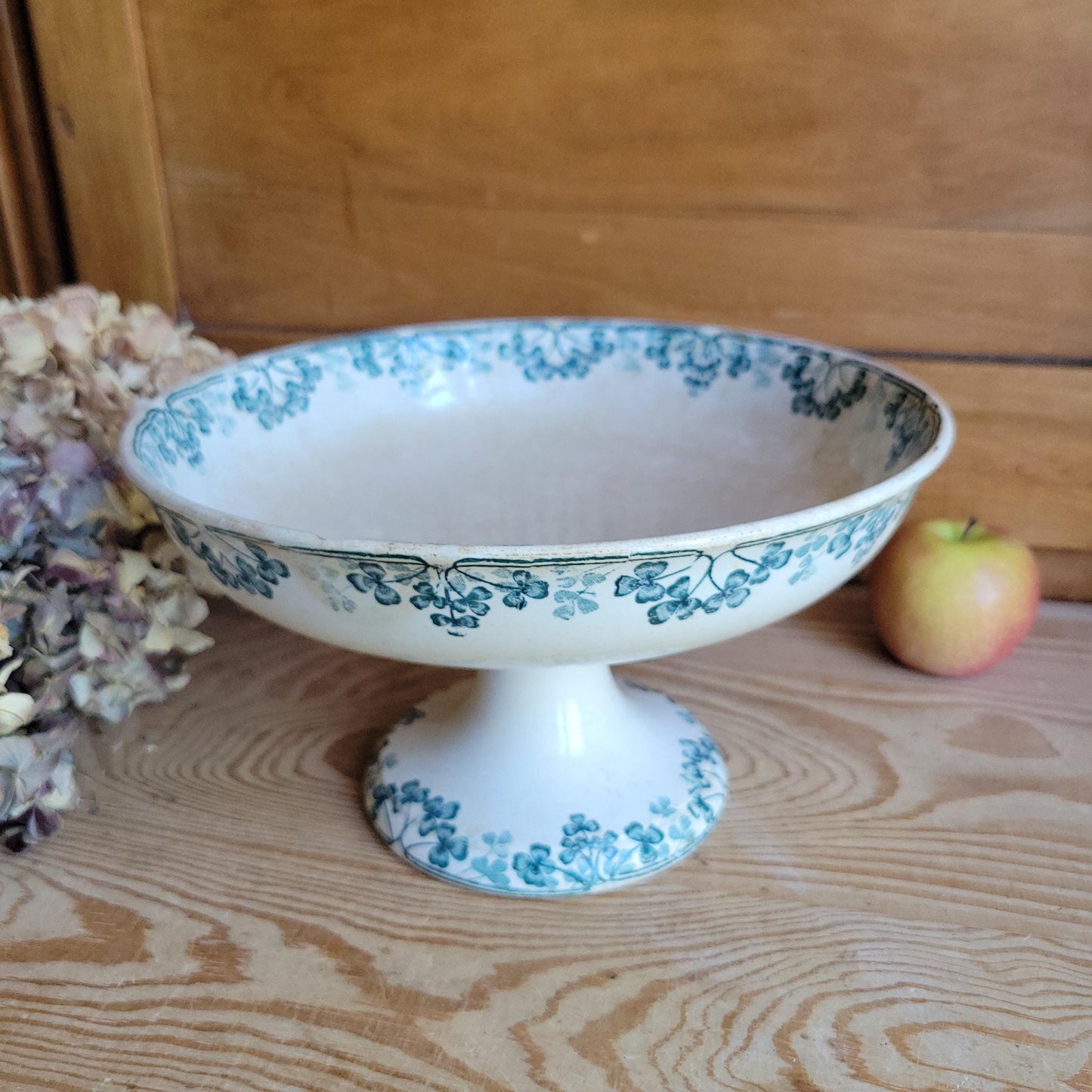 Antique Sarreguemines Compotier in Petrol Blue Transferware, 'Vichy' Pattern, France c.1890