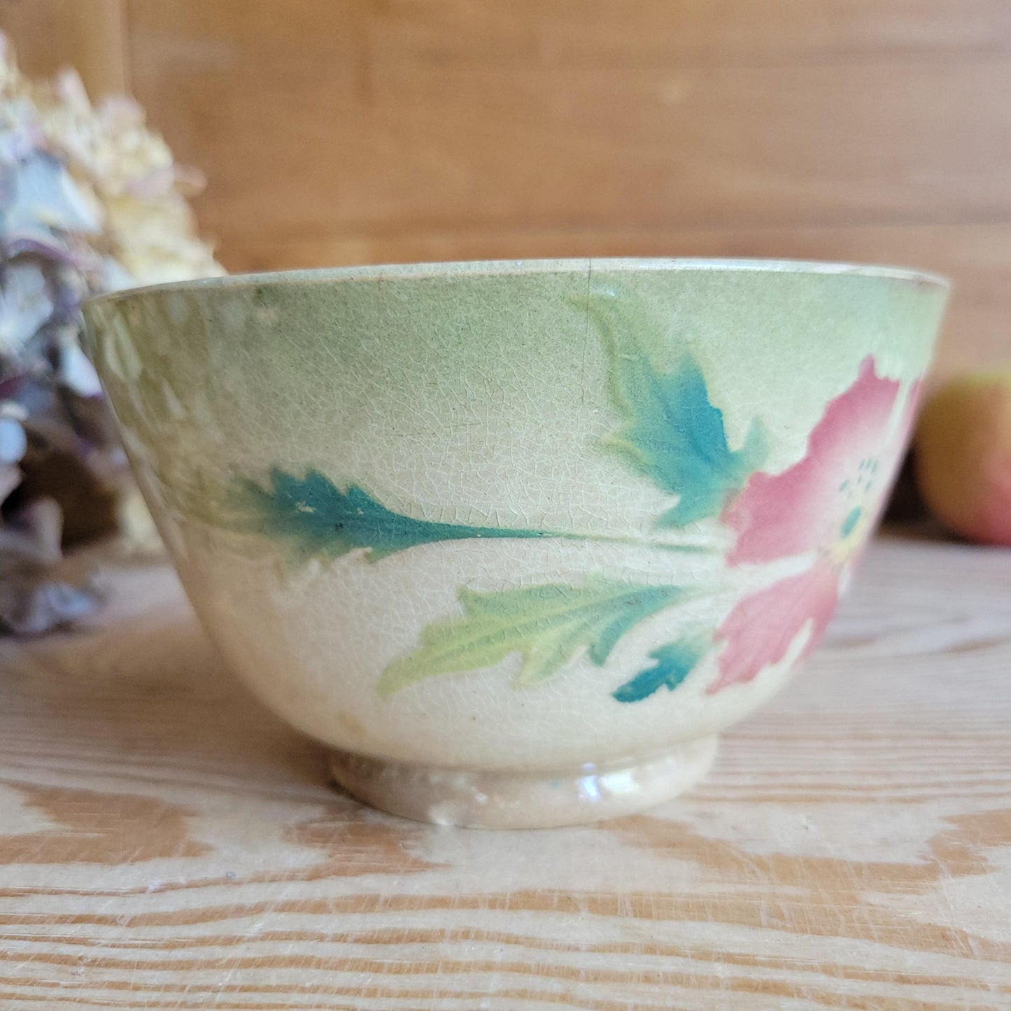 Antique French Majolica Café au Lait Bowl with Hibiscus Decoration, France c.1890