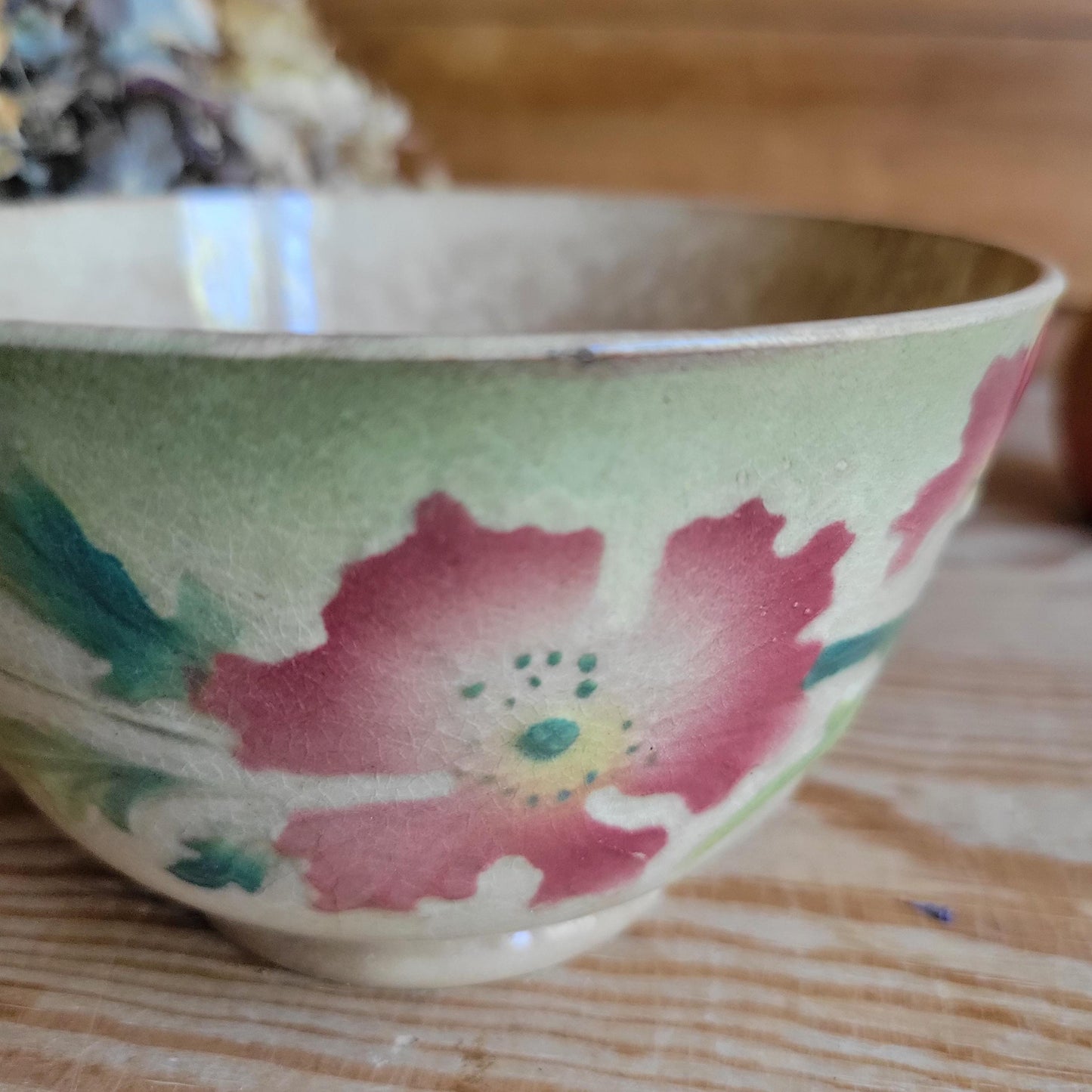 Antique French Majolica Café au Lait Bowl with Hibiscus Decoration, France c.1890