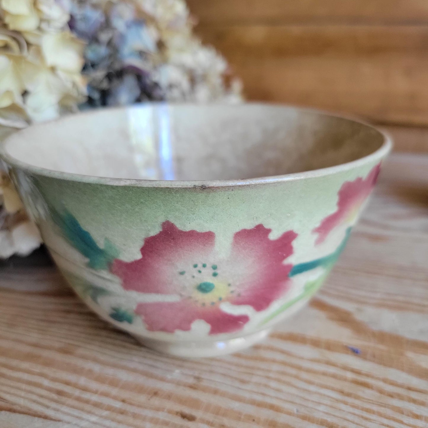 Antique French Majolica Café au Lait Bowl with Hibiscus Decoration, France c.1890