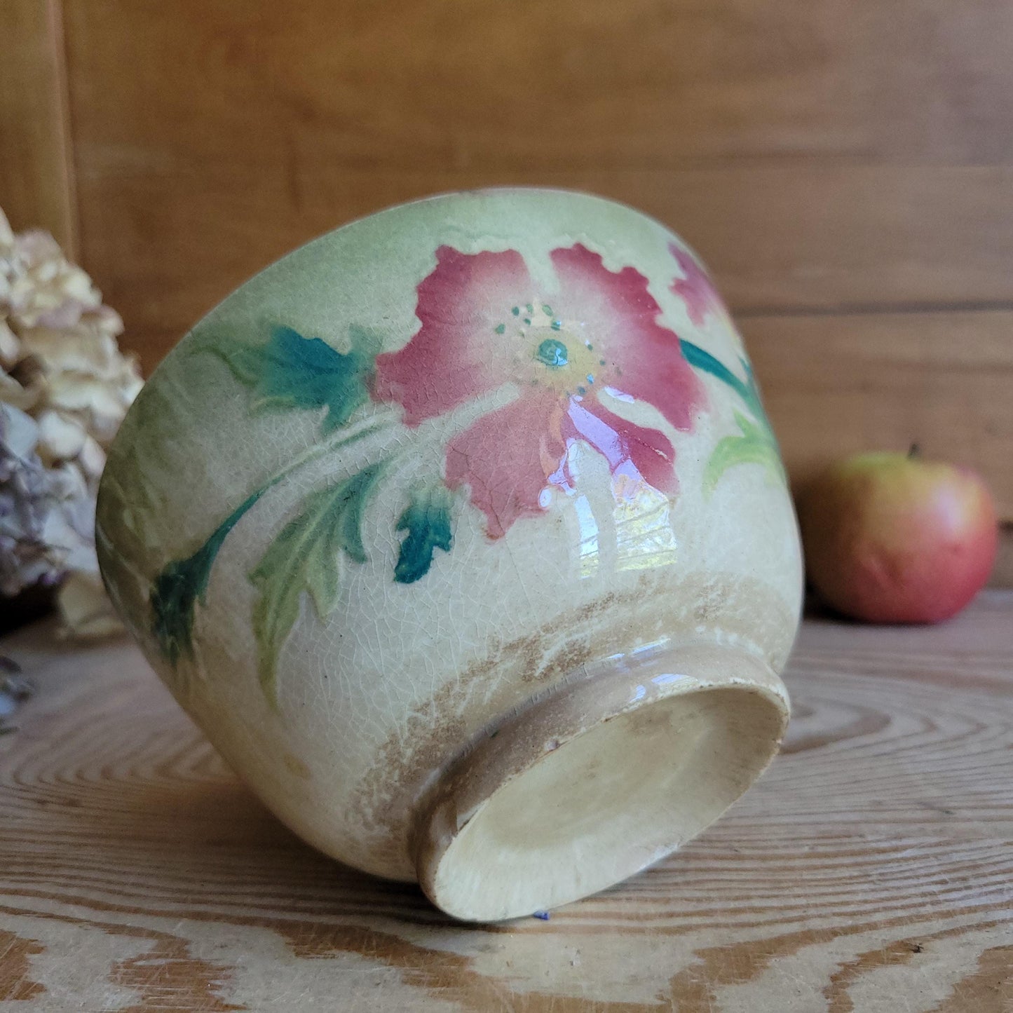 Antique French Majolica Café au Lait Bowl with Hibiscus Decoration, France c.1890