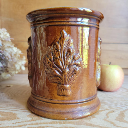 Antique French Salt-Glazed 'Tabac' (Tobacco) Pot with Figures and Tobacco Leaf Decoration, France c.1920