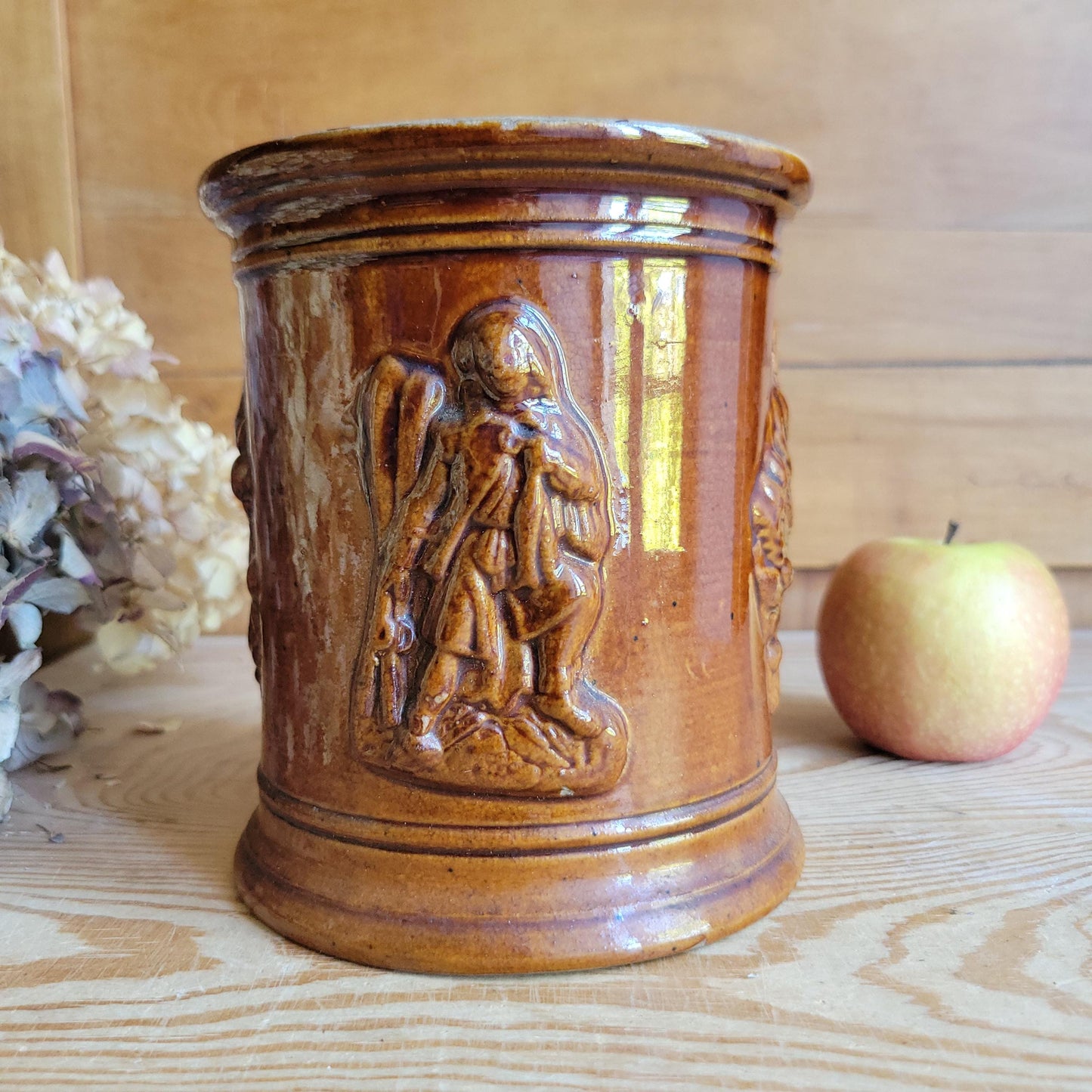 Antique French Salt-Glazed 'Tabac' (Tobacco) Pot with Figures and Tobacco Leaf Decoration, France c.1920