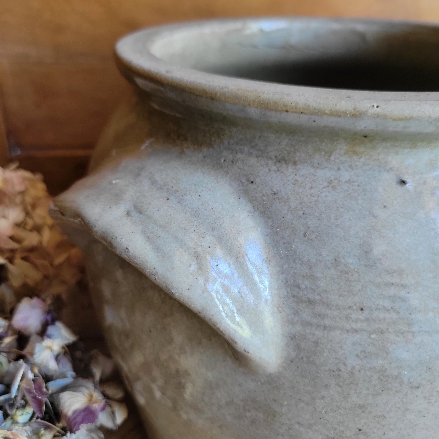 Large Antique Ecru Stoneware Confit Pot with Applied Handles, France c.1900