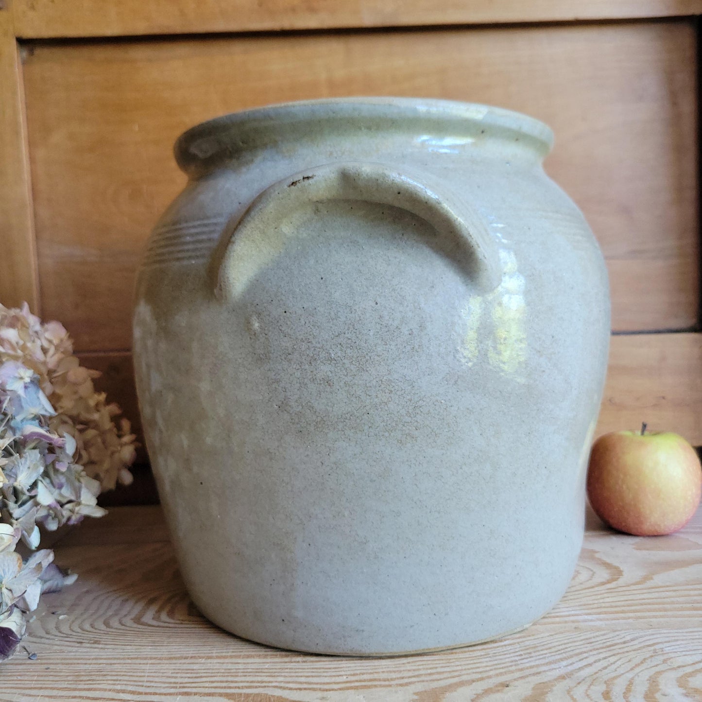 Large Antique Ecru Stoneware Confit Pot with Applied Handles, France c.1900